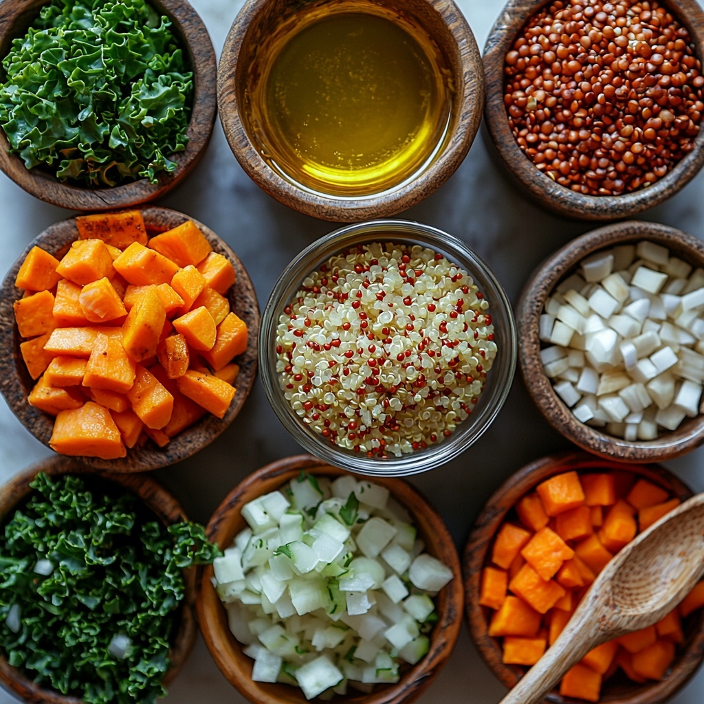 quinoa grains in a small clear glass bowl, vegetable broth in a rustic measuring cup, a wooden spoon holding golden olive oil, a small bowl of diced white onion, minced garlic cloves arranged neatly on a ceramic dish, piles of warm brown cumin powder, light beige coriander powder, and reddish-brown cinnamon powder in tiny ramekins, diced bright orange carrots and deep orange sweet potatoes placed side by side on a white surface, fresh vibrant green chopped kale leaves fanned out artistically, small piles of coarse salt and cracked black pepper sprinkled casually nearby, all ingredients meticulously spaced on a clean white marble countertop with soft natural light highlighting the varied textures and earthy, warm color palette, subtle shadows adding depth, styled with minimal rustic props like linen cloth and wooden utensils for an inviting, cozy winter cooking vibe, overhead shot, top down view, flat lay photography, professional food styling --ar 1:1 --q 2 --s 750 --v 6.1