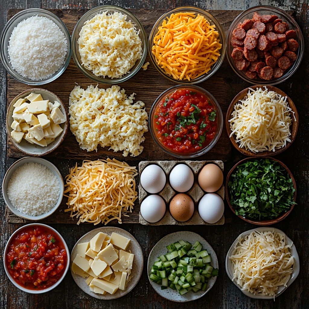 frozen shredded hash browns, vegetable oil in a small glass bowl, coarse salt and ground black pepper sprinkled on a white ceramic spoon, large fresh eggs in a rustic carton, whole milk in a clear glass measuring cup, breakfast sausage raw and crumbled on a wooden board, shredded sharp cheddar cheese in a small white bowl, mild red salsa in a small terracotta bowl, ripe avocado diced with vibrant green and creamy texture on a white plate, sliced green onions scattered artistically, fresh chopped cilantro in a tiny bowl, all ingredients arranged neatly and spaced evenly on a clean white marble surface with soft natural lighting, emphasizing the varied textures and rich colors — bright whites, golden yellows, deep reds, fresh greens and warm browns for a fresh, appetizing look — subtle shadows and minimal props to keep focus on the ingredients overhead shot, top down view, flat lay photography, professional food styling --ar 1:1 --q 2 --s 750 --v 6.1