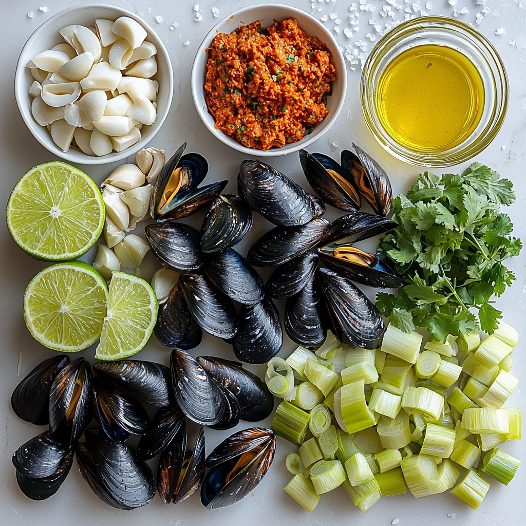 A clean white surface neatly arranged with the main ingredients for Easy Coconut Curry Mussels: a cluster of fresh, deep blue-black mussels with glossy shells, a small white bowl of creamy, off-white unsweetened coconut milk, a bright green medium lime cut in half and several wedges placed artfully nearby, a small heap of finely chopped pale green-white leek pieces, two cloves of garlic peeled and minced, a small rustic spoon heaped with vibrant, rich red curry paste, a small clear glass with a quarter cup of pale golden white wine, a small drizzle of glistening golden olive oil in a shallow white dish, a small pile of fresh chopped cilantro leaves with their bright green color standing out, and a sprinkling of coarse kosher salt crystals scattered lightly. The textures contrast beautifully: the rough shells of the mussels, the smooth silky coconut milk, the fine chopped garlic and leek, the glossy olive oil, and the fresh leafy cilantro. Natural soft lighting highlights the freshness and vibrant colors, with subtle shadows for depth. The composition is balanced and spacious for a clean, inviting look. overhead shot, top down view, flat lay photography, professional food styling --ar 1:1 --q 2 --s 750 --v 6.1