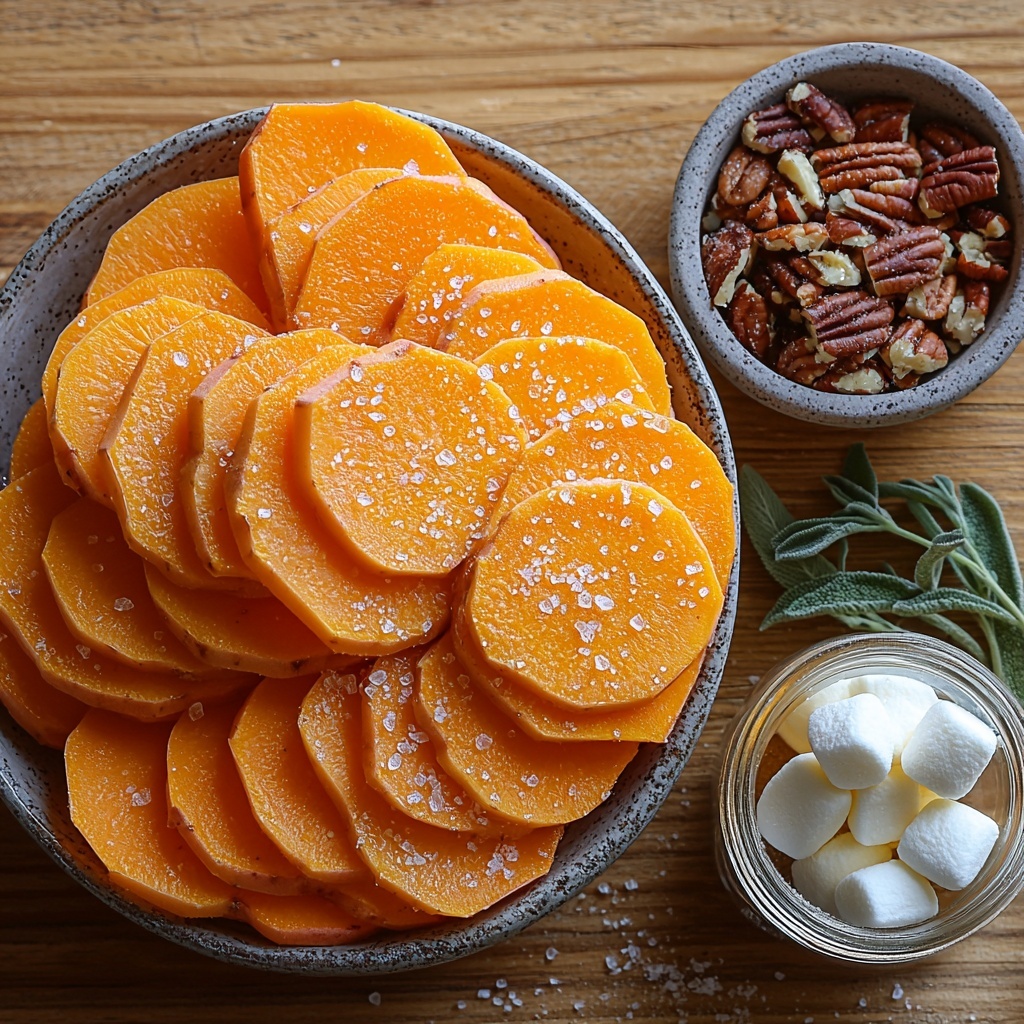 5-6 medium sweet potatoes peeled and sliced into thin medallions arranged in neat stacks showing vibrant orange flesh and smooth texture; a small vintage bowl with ¼ cup unsalted butter melting softly, pale yellow and creamy; a rustic ceramic dish holding ¼ cup light brown and dark brown sugar crystals shimmering; a glass measuring cup filled halfway with clear water catching light reflections; small jars or bowls with ground cinnamon, ground cloves, ground nutmeg, and a pinch of salt, showcasing fine powdery textures in warm earthy tones; a small wooden bowl of chopped pecans displaying rough, crunchy texture and deep brown hues; a delicate white bowl filled with fluffy, soft mini marshmallows; all ingredients carefully spaced on a clean, light wood surface with subtle natural grain for warmth; soft natural daylight highlighting the warm orange and brown tones, gentle shadows adding depth; styled with simple linen napkin and a sprig of fresh herbs for contrast and freshness; minimal and elegant composition focusing on textures and colors, emphasizing rustic homestyle appeal; overhead shot, top down view, flat lay photography, professional food styling --ar 1:1 --q 2 --s 750 --v 6.1