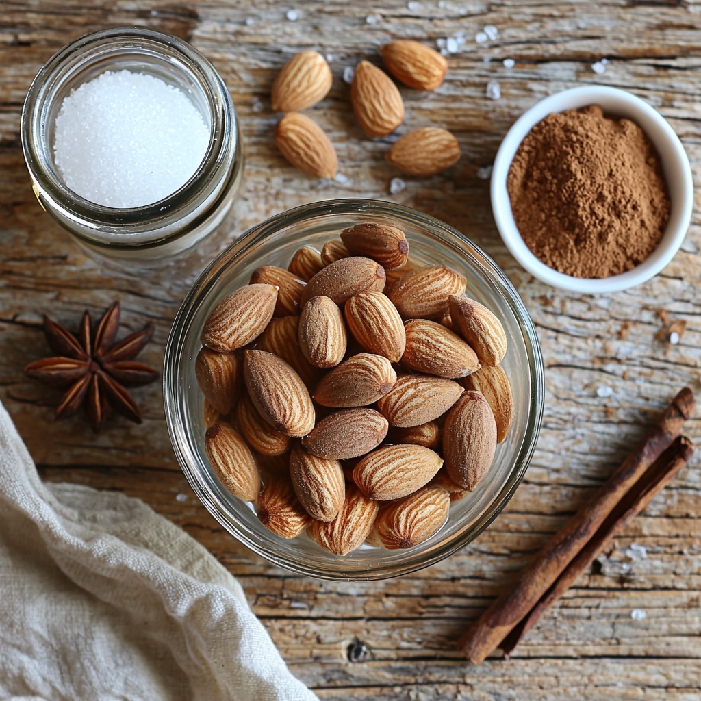 raw almonds soaked overnight in clear glass bowl with visible water, cinnamon stick resting nearby, small white ceramic spoon with granulated sugar, glass jar of vanilla extract with amber liquid, white ceramic bowl holding a pinch of salt, cold filtered water in a clear measuring cup, small dish of ground cinnamon powder for garnish; all ingredients neatly arranged on a clean, light wooden surface with natural warm lighting, subtle shadows adding depth, textures highlighted—from the rough almond skins to smooth glass and fine sugar grains, balanced composition with spacing that draws the eye evenly across the scene, soft neutral background enhancing earth tones and warm browns, minimal props to keep focus on ingredients, fresh and inviting atmosphere; overhead shot, top down view, flat lay photography, professional food styling --ar 1:1 --q 2 --s 750 --v 6.1