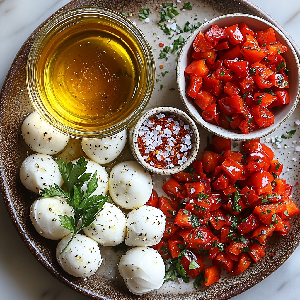 mozzarella balls (bocconcini), small white smooth spheres clustered together, a small glass jar filled with golden olive oil shimmering in the light, a clear glass measuring cup containing slightly translucent, pale yellow olive oil mixed with small bright red diced roasted red peppers, a small bowl of vibrant deep red roasted red peppers with a glossy texture, a tiny bowl of dried parsley flakes, rich green and finely textured, another tiny dish holding Italian seasoning blend with muted green and brown herb tones, a small pile of fine white garlic powder, a pinch of bright red pepper flakes scattered carefully on a rustic ceramic plate, a small mound of coarse white sea salt crystals, all ingredients arranged neatly on a clean, matte white surface with soft natural lighting that enhances the fresh colors and varied textures, minimal shadows, visually balanced with each component spaced evenly to create harmony and visual interest, garnished subtly with sprigs of fresh parsley for contrast, overhead shot, top down view, flat lay photography, professional food styling --ar 1:1 --q 2 --s 750 --v 6.1