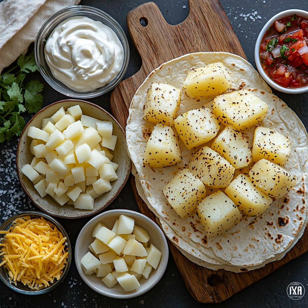 4 medium peeled and chopped potatoes, rustic chunks revealing creamy pale yellow interiors; a small clear bowl of shredded cheese, soft and slightly melty, bright yellow and white strands; a small glass dish of golden olive oil glistening under light; diced small onion pieces, crisp and white-purple hues scattered neatly; small white ceramic spoons holding fragrant garlic powder and vibrant brick-red chili powder powders; salt and cracked black pepper grains sprinkled loosely nearby; four large soft flour tortillas stacked slightly fanned with light beige tones and a flour-dusted texture; optional toppings arranged in small bowls—creamy white sour cream, rich red chunky salsa with visible herbs, smooth green guacamole speckled with cilantro; all ingredients carefully spaced on a clean matte white surface with gentle natural light casting soft shadows to highlight textures and vibrant colors, minimal rustic props like a wooden spoon and linen napkin subtly included for warmth; overhead shot, top down view, flat lay photography, professional food styling --ar 1:1 --q 2 --s 750 --v 6.1