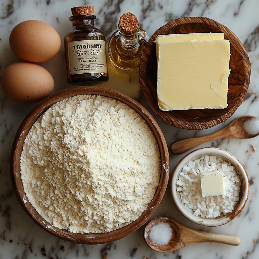A clean white marble surface with all-purpose flour softly mounded in a clear glass bowl, a small heap of golden granulated sugar next to it, and a smooth slab of pale unsalted butter on a wooden butter dish. Nearby, a rustic ceramic bowl holds a single large brown egg. Small white porcelain spoons contain white baking powder and fine salt, each carefully measured. Two slender glass bottles with vanilla extract and almond extract stand side by side, their amber liquids catching soft light. Scattered around are delicate edible sprinkles in pastel colors and a small bowl of glossy royal icing, smooth and creamy. Natural soft daylight casts gentle shadows, textures of powdery flour, granulated sugar crystals, and creamy butter highlighted with contrast. The arrangement is balanced and inviting, with negative space enhancing the neatness, styled for a warm, approachable feel. Overhead shot, top down view, flat lay photography, professional food styling --ar 1:1 --q 2 --s 750 --v 6.1