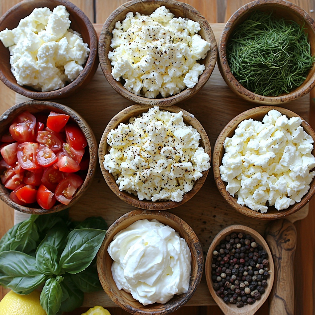 Cream cheese (softened, smooth white block), crumbled feta cheese (crumbly, off-white heap), plain Greek yogurt (creamy, white dollop in a small bowl), whole garlic cloves (3 cloves, papery white skin), dried dill (fine, greenish herb sprinkle in a small dish), dried oregano (earthy, muted green flakes in a ceramic bowl), lemon juice (bright yellow wedge and a small glass with fresh juice), diced Roma tomato (vibrant red cubes in a rustic bowl), fresh basil leaves (deep green, glossy, some whole sprigs), freshly cracked black pepper (coarse black and white specks scattered slightly on a wooden spoon), all arranged neatly on a clean, light wood surface with natural soft lighting to enhance fresh colors and textures, shadows soft and minimal, composition balanced with bowls and ingredients spaced evenly, rustic ceramic bowls and wooden utensils to add warmth and contrast, overhead shot, top down view, flat lay photography, professional food styling --ar 1:1 --q 2 --s 750 --v 6.1