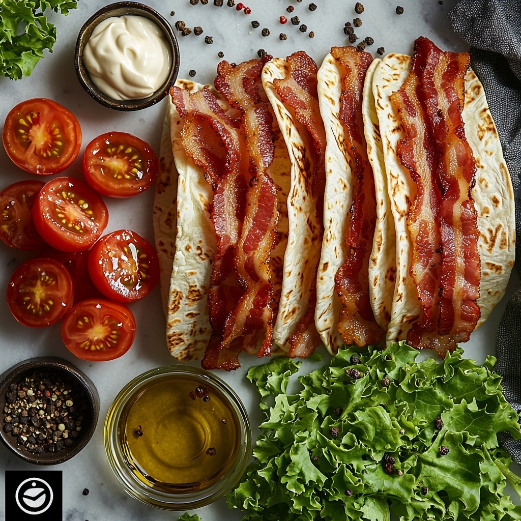 4 low-carb wraps stacked neatly, 3 large beefsteak tomatoes sliced thick with vibrant red and juicy textures, 12 crispy bacon strips arranged in a slightly overlapping pattern showing golden-brown crunch, 3/4 cup shredded bright green lettuce scattered loosely beside whole leaves for contrast, a small glass bowl of glossy extra virgin olive oil with rich golden hues, a small bowl of deep red wine vinegar, a dollop of creamy pale mayonnaise on a white ceramic dish, rustic salt and pepper flakes sprinkled subtly nearby; all ingredients laid out on a clean white marble surface with natural soft daylight casting gentle shadows; fresh, colorful, and inviting; emphasis on texture contrasts between crisp bacon, juicy tomatoes, and smooth sauces; styled with minimal props, a few vintage silver forks and a linen napkin at the edges to add warmth and depth; overhead shot, top down view, flat lay photography, professional food styling --ar 1:1 --q 2 --s 750 --v 6.1