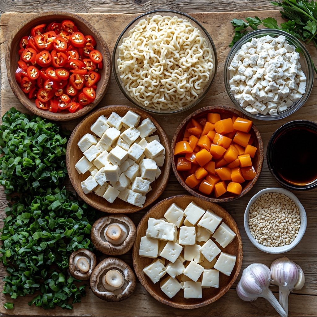 dry instant ramen noodles (uncooked, pale yellow curly nests), extra firm tofu cubes (white, smooth texture) and sliced mixed mushrooms and colorful vegetables, small glass bowl of soy sauce (dark brown, glossy), smaller bowl with dark soy sauce (deep mahogany color), white ceramic dish with fine corn starch powder (pure white, soft texture), small bowl with maple syrup (amber, sticky and glossy), clear glass container of rice vinegar (transparent liquid), tiny dish with ground black pepper (speckled black and white), small ramekin with bright red chili garlic sauce (vibrant and textured), wooden spoon with golden sesame oil (shiny, oily), two cloves of garlic (off-white, slightly rough with papery skins), all ingredients arranged neatly on a clean light wood or white surface, spaced with careful balance to highlight each element’s unique color and texture, natural soft lighting casting gentle shadows, styled with minimal props like fresh green herbs or a linen napkin for warmth, overhead shot, top down view, flat lay photography, professional food styling --ar 1:1 --q 2 --s 750 --v 6.1