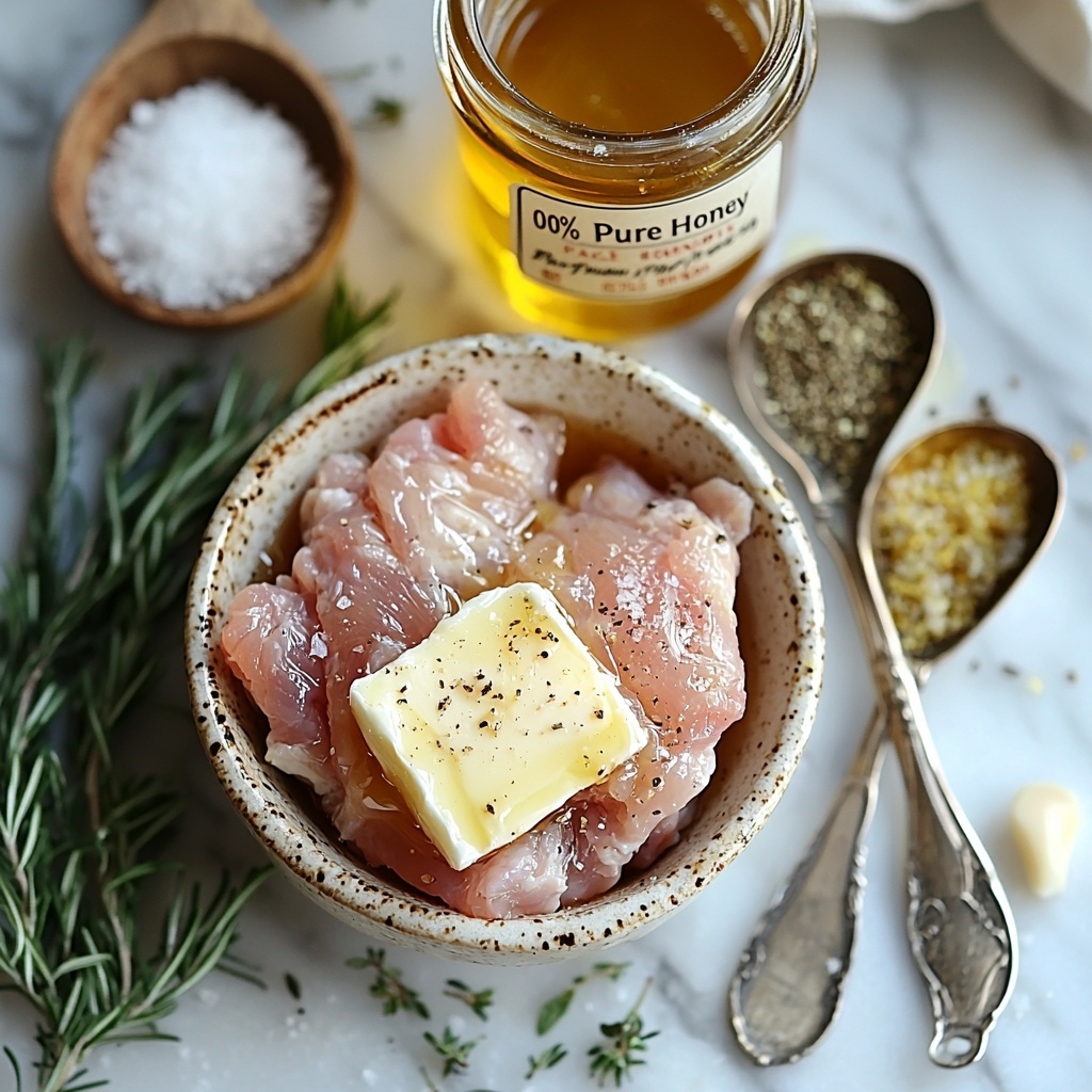 Whole raw roasting chicken with pale pink and white skin, placed centrally on a clean white marble surface; six tablespoons of creamy unsalted butter softened in a small rustic ceramic bowl beside it, next to a small glass jar of golden amber honey labeled “100% Pure Honey”; scattered vintage measuring spoons holding coarse white kosher salt crystals, dried green Italian seasoning herbs, pale yellow garlic powder, and speckled yellow lemon pepper seasoning arranged neatly around the chicken; fresh sprigs of rosemary and thyme delicately placed for natural color contrast; soft natural lighting highlighting the smooth textures of butter and honey, the rustic herbs, and the plump chicken skin; subtle shadows adding depth, with ample negative space for a minimalist aesthetic. Overhead shot, top down view, flat lay photography, professional food styling --ar 1:1 --q 2 --s 750 --v 6.1