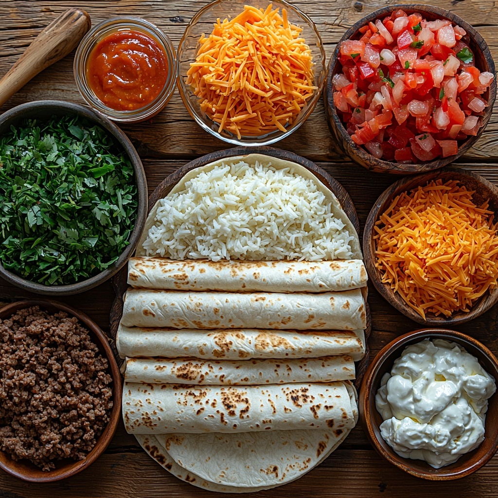 A clean, bright surface featuring all main ingredients for an Easy Grilled Cheese Burrito arranged neatly for flat lay photography: a raw 1 lb portion of ground beef in a rustic bowl showcasing its rich red color and texture; a small packet of taco seasoning with vibrant orange and red hues; a bowl of fluffy cooked white rice with soft, slightly glossy grains; a small glass bowl of creamy white sour cream with smooth texture; a small dish of rich, velvety bright orange nacho cheese sauce; a complementary bowl of smoky reddish-brown chipotle sauce with a silky finish; piles of shredded cheddar cheese in bright golden yellow and shredded mozzarella cheese in soft white, loosely scattered to show texture; four large, soft flour tortillas stacked with a slight curl, showcasing their light beige color and soft fabric-like texture; and a small container with golden melted butter or oil with a slight sheen. The ingredients are arranged with ample negative space between them on a neutral, light wood or white background to emphasize natural colors and textures. Natural soft lighting enhances the vibrant colors, subtle shadows add depth, and a few rustic cooking utensils or a vintage skillet handle peek subtly into the frame for lifestyle context. The overall composition is balanced, airy, and inviting, emphasizing freshness and the essence of comfort food.
overhead shot, top down view, flat lay photography, professional food styling --ar 1:1 --q 2 --s 750 --v 6.1