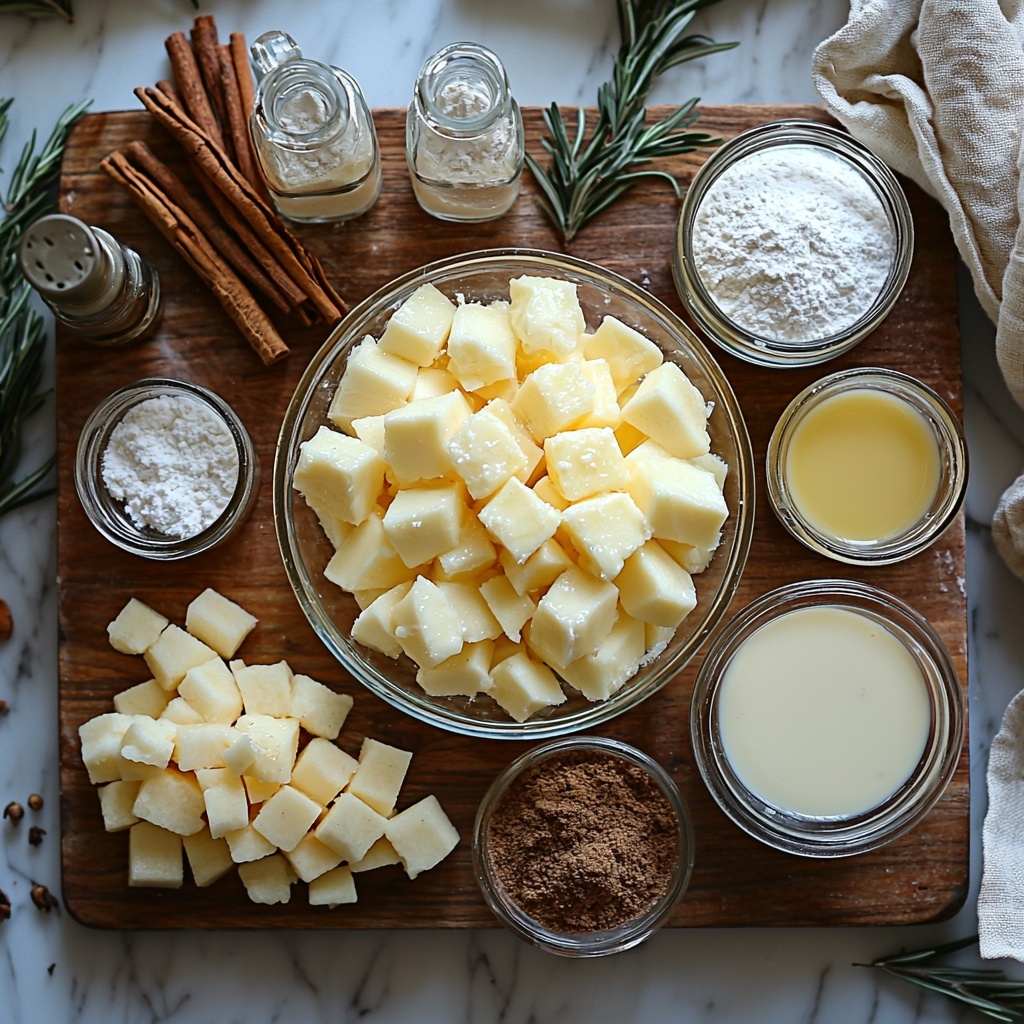 2 cups all-purpose flour in a glass bowl with a light dusting of flour scattered nearby, 1 tablespoon granulated sugar and ½ teaspoon salt neatly measured in small white ceramic bowls, 1 cup cold unsalted butter cut into uniform cubes on a slate board showcasing a cool, creamy texture; ½ cup sour cream in a small clear glass jar with its smooth, thick texture visible. Two medium peeled and diced apples displayed on a rustic wooden board, their pale yellow flesh and glossy surface catching the light. Next to them, 2 tablespoons brown sugar in a small ceramic bowl with its moist, granular texture, accompanied by 1 teaspoon cinnamon and ½ teaspoon nutmeg in tiny spice jars, rich warm brown and reddish tones. A small glass bowl of 1 teaspoon bright yellow lemon juice adds a pop of color. For the glaze ingredients, 1 cup powdered sugar in a shallow white dish showing its fine, snowy texture, 2 tablespoons milk in a delicate glass measuring cup, and ½ teaspoon vanilla extract in a slender glass bottle. All ingredients are carefully arranged on a clean white marble surface with soft natural daylight casting gentle shadows, styled with a minimalistic and airy aesthetic, a touch of rustic charm from the wooden board, subtle linen napkin folds in cream tones on the side, and a few scattered cinnamon sticks for visual interest. Overhead shot, top down view, flat lay photography, professional food styling --ar 1:1 --q 2 --s 750 --v 6.1
