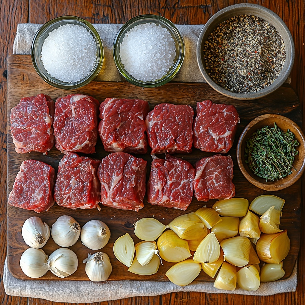 A clean, light wooden surface neatly arranged with the main ingredients for French Onion Pot Roast: a raw 3 to 4 pound chuck roast with a rich marbled texture placed on a rustic ceramic plate, small bowls containing coarse salt and freshly cracked black pepper, a gleaming tablespoon of golden olive oil in a clear glass dish, three large yellow onions thinly sliced into translucent rings showing their layered texture, four garlic cloves minced finely and displayed in a small white ramekin, a small clear measuring cup with pale amber dry white wine, a glass bowl filled with rich brown beef stock, a small dish of glossy dark Worcestershire sauce, a crumbled beef bouillon cube on a wooden spoon, a fresh deep green bay leaf, a small heap of dried thyme leaves with muted green-gray hues, and a white bowl with fluffy white cornstarch powder. The ingredients are spaced evenly with natural light casting soft shadows, highlighting the colors and textures of each element. A neutral linen napkin and vintage silver measuring spoons add rustic charm while maintaining minimalism. The composition is perfectly balanced and styled for a cozy, inviting kitchen vibe. Overhead shot, top down view, flat lay photography, professional food styling --ar 1:1 --q 2 --s 750 --v 6.1