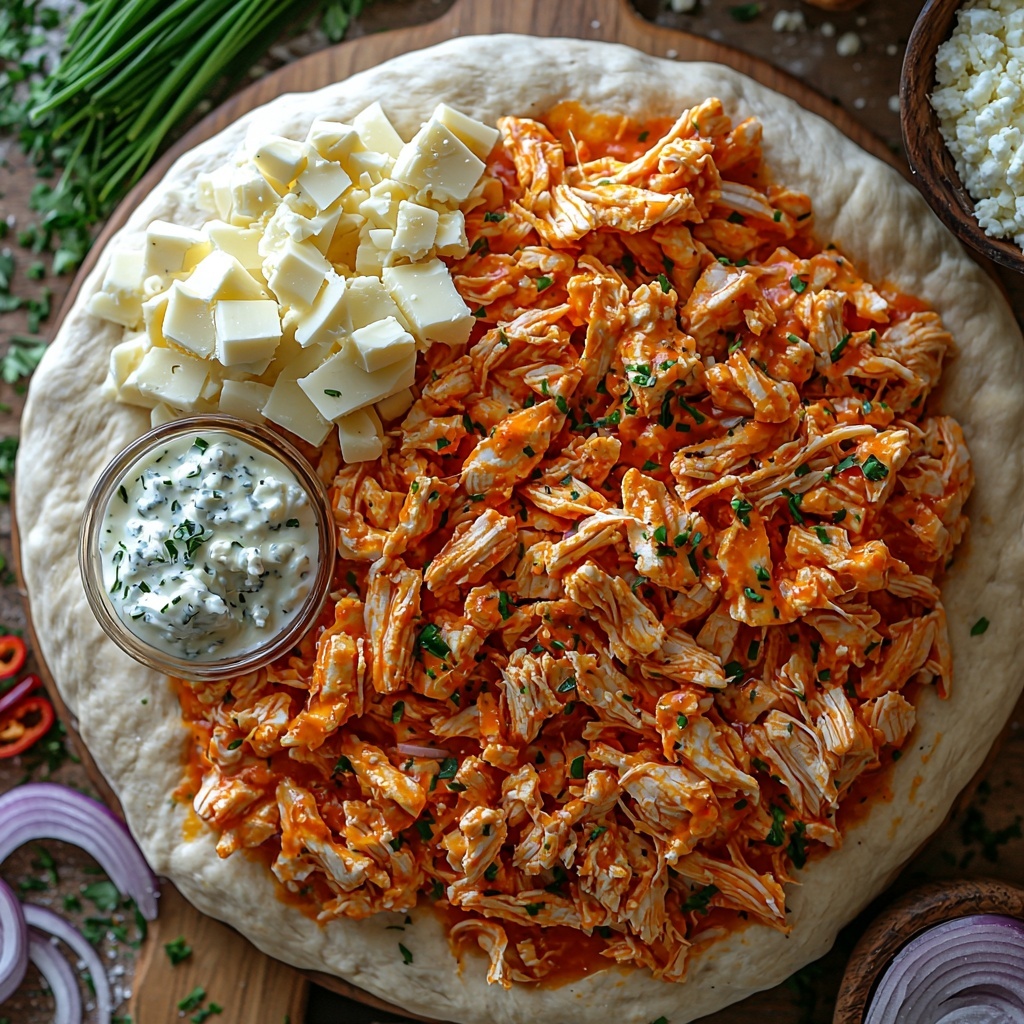 Buffalo chicken, shredded and mixed with vibrant orange buffalo sauce in a small bowl, creamy white blue cheese dressing in a glass ramekin, smooth and slightly thick; raw pizza dough rolled out round on a wooden board with light dusting of flour, deep red pizza sauce in a small ceramic bowl; shredded mozzarella cheese piled loosely with soft, fluffy texture; thinly sliced translucent red onions arranged in a neat pile; bright yellow banana pepper rings glistening slightly, patted dry on a white plate; small dish of melted golden butter with flecks of grated Parmesan cheese; sprinklings of fine white garlic powder in a tiny dish; fresh green chives and chopped green onions scattered artfully, vibrant and crisp; tiny bowl of red pepper flakes spilling slightly for contrast; fresh flat-leaf parsley leaves with deep green color; all ingredients carefully arranged on a clean, light-colored textured surface with natural soft daylight casting gentle shadows, styled with minimal rustic props like wooden spoons and linen napkins, creating a balanced and inviting composition — overhead shot, top down view, flat lay photography, professional food styling --ar 1:1 --q 2 --s 750 --v 6.1