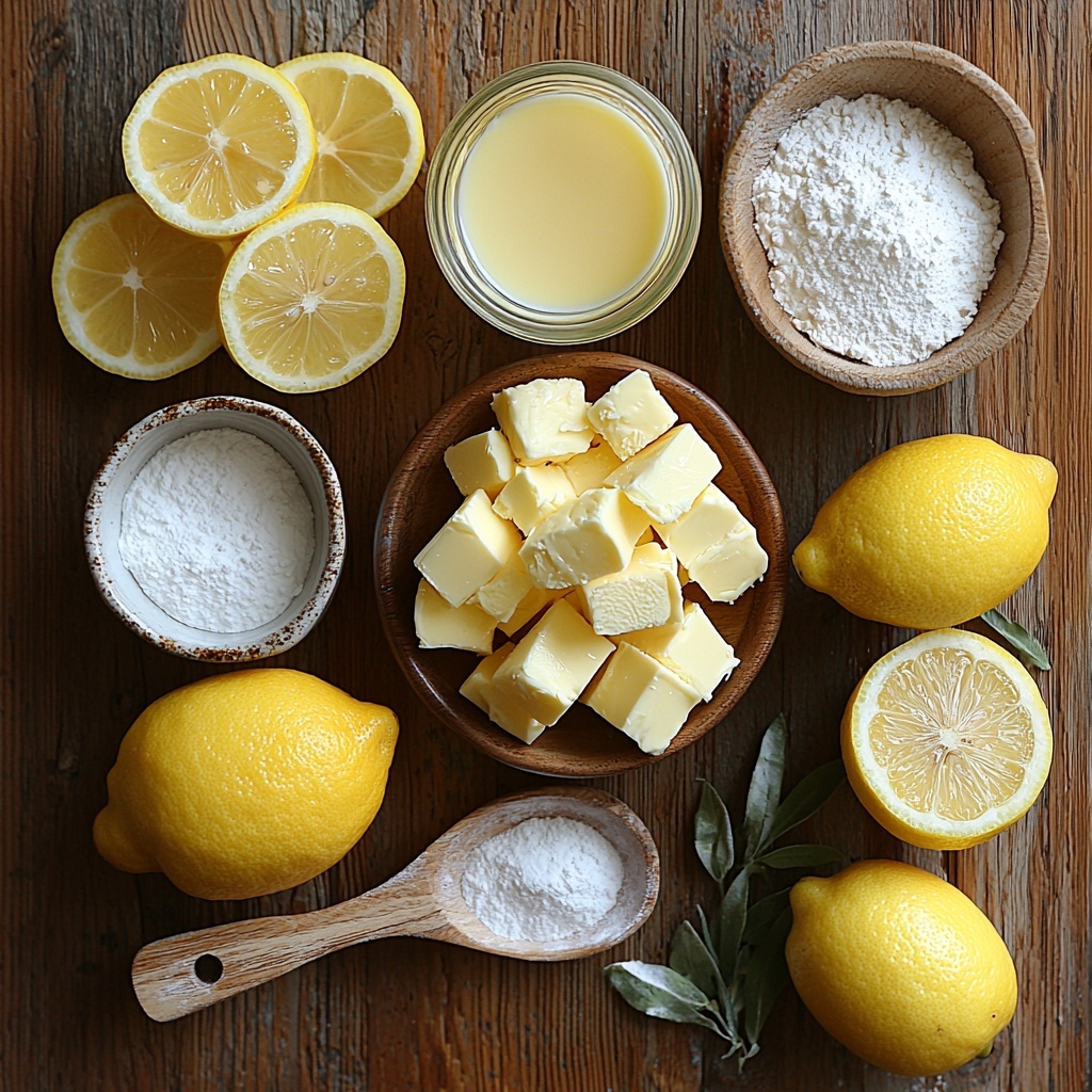 4 eggs (whole and separated yolks and whites in small clear bowls), 3/4 cup granulated sugar in a small glass jar, 1/2 cup melted unsalted butter in a light-colored ceramic bowl, 3/4 cup all-purpose flour in a rustic white bowl with a small wooden scoop, 1 3/4 cups lukewarm milk in a simple glass measuring cup, 2 fresh lemons sliced to show bright yellow zest and juicy interior with some lemon zest scattered nearby, 1/4 teaspoon cream of tartar in a tiny white ceramic spoon, powdered sugar lightly dusted on the surface nearby, all ingredients neatly arranged on a clean, neutral-toned wooden surface with soft natural light, emphasizing bright yellows, creamy whites, and soft textures, styled with minimal shadows and a few delicate green lemon leaves for contrast, overhead shot, top down view, flat lay photography, professional food styling --ar 1:1 --q 2 --s 750 --v 6.1