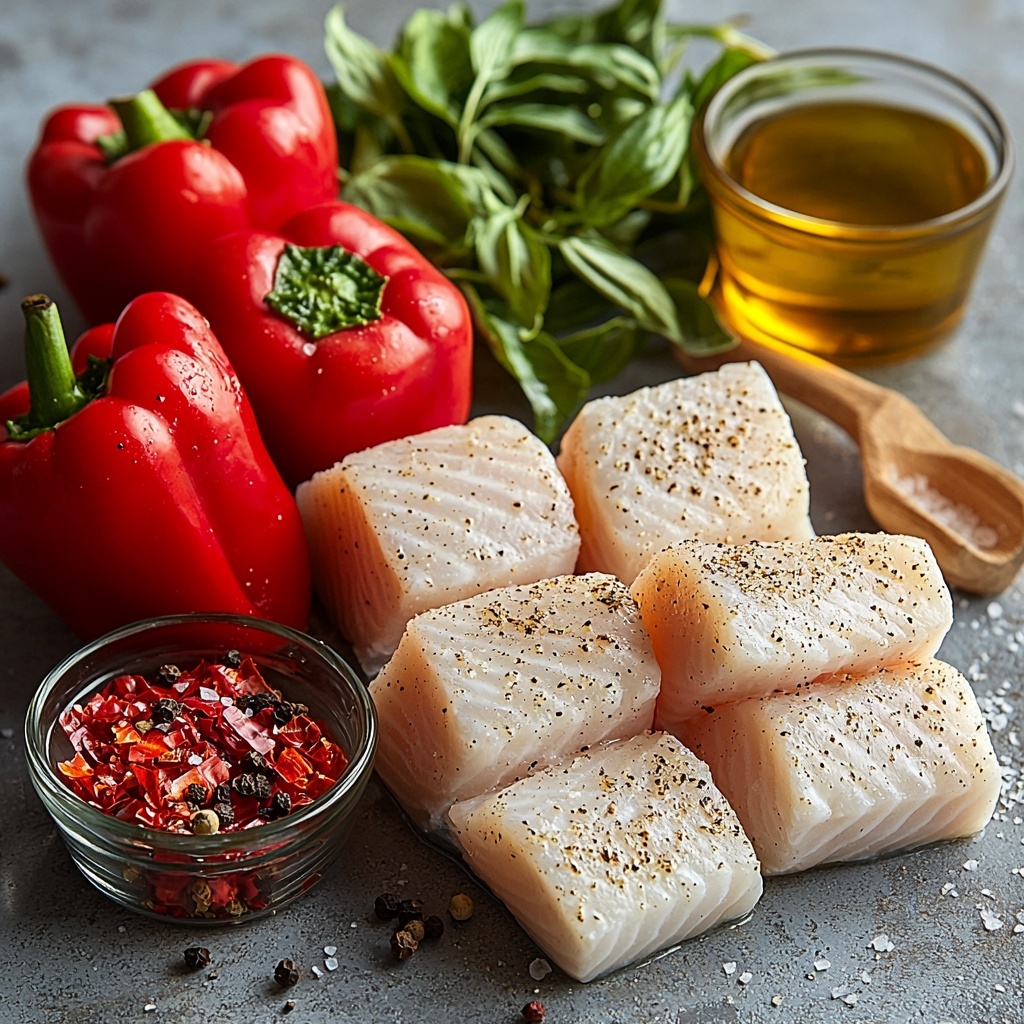 4 fresh raw tilapia fillets seasoned lightly with salt, pepper, and garlic powder, displayed neatly with their pale pinkish-white, flaky texture visible; 2 whole red bell peppers roasted to a deep vibrant red with charred skin, some peeled and chopped pieces scattered nearby showing glossy, tender flesh; 2 cloves of fresh garlic, one whole bulb and one minced in a small bowl to show texture; small glass bowls of golden olive oil and bright yellow fresh lemon juice; a sprinkling of dried oregano leaves with a small wooden spoon; a small bowl of light vegetable broth with a slightly translucent amber tone; coarse sea salt and cracked black peppercorns scattered artistically on a clean white or light neutral background surface; all ingredients arranged casually but thoughtfully in a balanced circular composition highlighting variety of colors and textures — fresh, roasted, and dried elements with natural light creating soft shadows and enhancing vibrant colors, clean and minimalistic styling with focus on freshness and simplicity, overhead shot, top down view, flat lay photography, professional food styling --ar 1:1 --q 2 --s 750 --v 6.1
