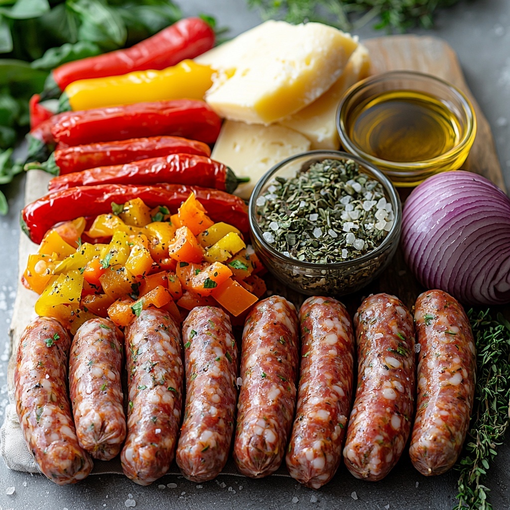 Italian sausages with visible fennel seeds, raw and plump, arranged next to vibrant, sliced bell peppers in red, yellow, and green strips; a large onion thinly sliced into translucent crescent shapes; four crusty golden crunchy bread rolls, whole and halved; smooth slices of pale yellow provolone cheese neatly stacked; small bowls of mixed dried herbs including marjoram, thyme, and oregano in fine texture; a small glass container of glossy extra virgin olive oil reflecting warm light; rustic salt and pepper crystals scattered subtly nearby. All ingredients are neatly spaced on a clean white surface to enhance vivid colors and natural textures, styled with soft natural lighting casting gentle shadows, minimal props for a fresh and inviting look, emphasizing the Mediterranean palette and rustic simplicity. Overhead shot, top down view, flat lay photography, professional food styling --ar 1:1 --q 2 --s 750 --v 6.1