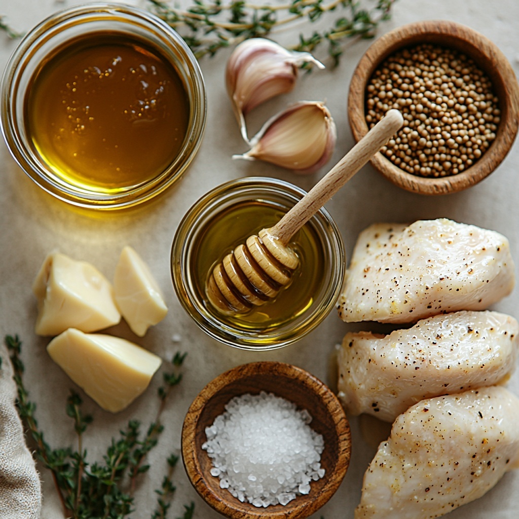 olive oil in a small glass bowl with a golden sheen, a wooden spoon resting inside; three tablespoons of rich amber honey in a clear jar showing its smooth, sticky texture; a small white dish with whole grain mustard displaying coarse yellow and brown mustard seeds; another small dish with creamy pale Dijon mustard; a tiny heap of fine white salt crystals scattered neatly; two garlic cloves, one whole and one minced with visible small white pieces; four raw boneless skinless chicken breasts arranged evenly spaced, pale pink with smooth texture; fresh sprigs of green thyme with delicate leaves placed artfully as garnish; all ingredients laid out on a clean, light neutral surface with natural soft lighting enhancing the warm colors and fresh textures, minimal shadows, styled with rustic kitchenware like wooden and ceramic bowls, delicate linen napkin folded beside the setup, overhead shot, top down view, flat lay photography, professional food styling --ar 1:1 --q 2 --s 750 --v 6.1