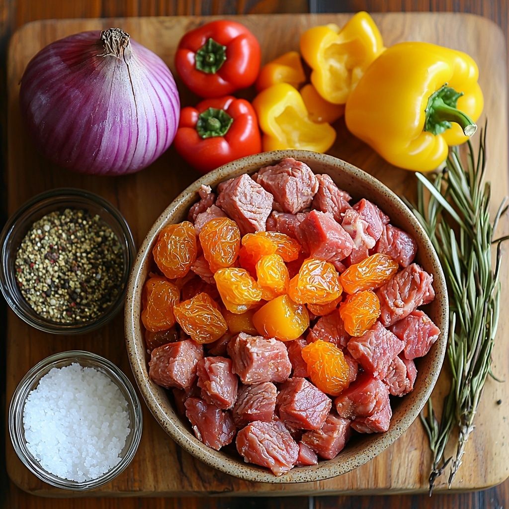 1.5 pounds boneless lamb or chicken thighs cut into chunks arranged in a small rustic ceramic bowl, 1 cup bright orange dried apricots loosely scattered nearby, 2 red bell peppers chopped into vibrant chunks placed on a wooden cutting board, 2 yellow bell peppers similarly chopped with glossy surfaces next to the red peppers, 1 large red onion cut into purple-edged squares stacked neatly, 3 cloves garlic minced finely on a small white dish, 2 tablespoons golden curry powder in a tiny glass bowl, 2 tablespoons moist brown sugar in a small vintage ramekin, 1/4 cup apple cider vinegar in a clear glass measuring cup showing amber liquid, 2 tablespoons olive oil in a shallow white bowl with a slight sheen, a pinch of coarse salt and freshly cracked black pepper scattered artistically on the surface, 2 dried bay leaves placed elegantly to one side. All ingredients arranged on a clean, smooth, natural light wood surface with subtle shadows, highlighting the rich colors and varied textures—matte lamb meat, shiny peppers, powdery spices, and glossy liquids. The composition balanced with negative space, natural warm lighting, and minimal props to evoke a fresh, inviting kitchen vibe. Overhead shot, top down view, flat lay photography, professional food styling --ar 1:1 --q 2 --s 750 --v 6.1