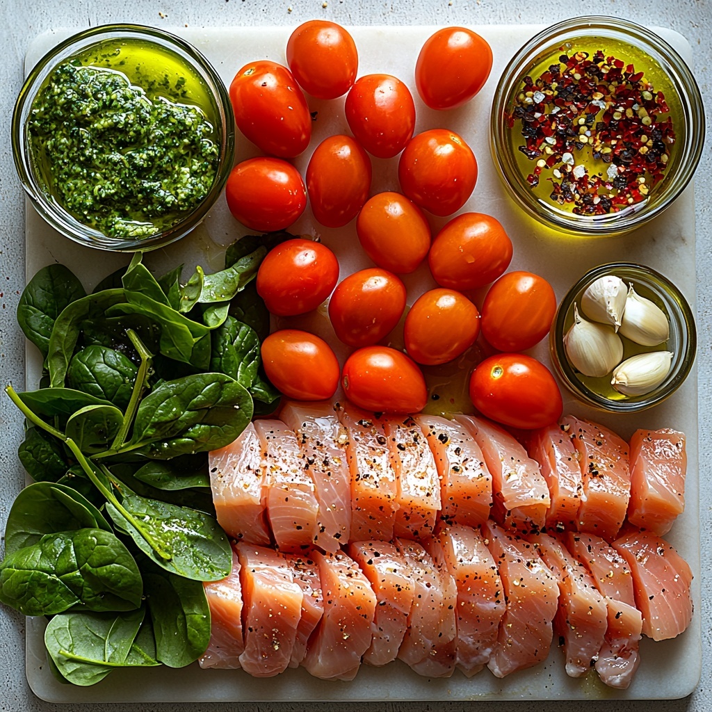 olive oil in a small glass dish, thinly sliced raw chicken breasts neatly fanned out, minced garlic cloves in a tiny bowl, finely chopped shallot piled delicately, vibrant cherry tomatoes halved and scattered, roughly chopped bright green spinach leaves arranged loosely, a small bowl of rich green pesto, a measuring cup with creamy white heavy cream, a small container of light golden chicken stock, coarse sea salt crystals, black peppercorns, scattered garlic powder and onion powder spices, a small bowl with red pepper flakes, all ingredients placed on a clean white surface with soft natural lighting highlighting the fresh colors and varied textures, slight shadows adding depth, minimalist and elegant styling emphasizing freshness and quality, overhead shot, top down view, flat lay photography, professional food styling --ar 1:1 --q 2 --s 750 --v 6.1