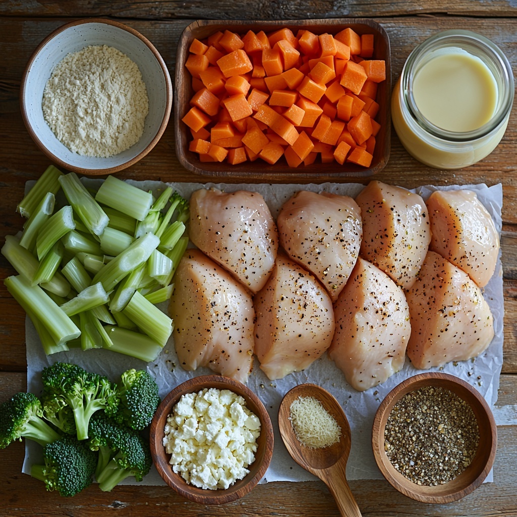 White chicken breasts, halved raw with a slight sheen, next to a small bowl of golden olive oil and a pat of rich, creamy salted butter; a white bowl filled with diced yellow onion, bright orange diced carrot, and pale green diced celery arranged side by side; peeled garlic cloves minced finely scattered neatly nearby; a small wooden scoop of mixed seasoning blend—salt, black pepper, garlic powder—alongside measuring spoons holding garlic powder, onion powder, black pepper, and dried herbes de Provence in soft earthy tones; a neat mound of pale beige all-purpose flour on parchment paper; a clear glass pitcher filled with golden chicken broth and a small jug of thick, velvety white heavy cream; fresh bright green chopped broccoli florets clustered in a small bowl; broken uncooked pale yellow lasagna sheets stacked loosely; a rustic bowl heaped with finely grated pale yellow Parmesan cheese; all ingredients arranged thoughtfully on a clean white wooden surface with natural soft daylight casting gentle shadows, emphasizing the varied textures like the smoothness of cream, the roughness of parmesan shreds, and the crispness of fresh vegetables, styled with minimal rustic props like wooden spoons and linen napkins for an inviting, fresh, and clean aesthetic—overhead shot, top down view, flat lay photography, professional food styling --ar 1:1 --q 2 --s 750 --v 6.1