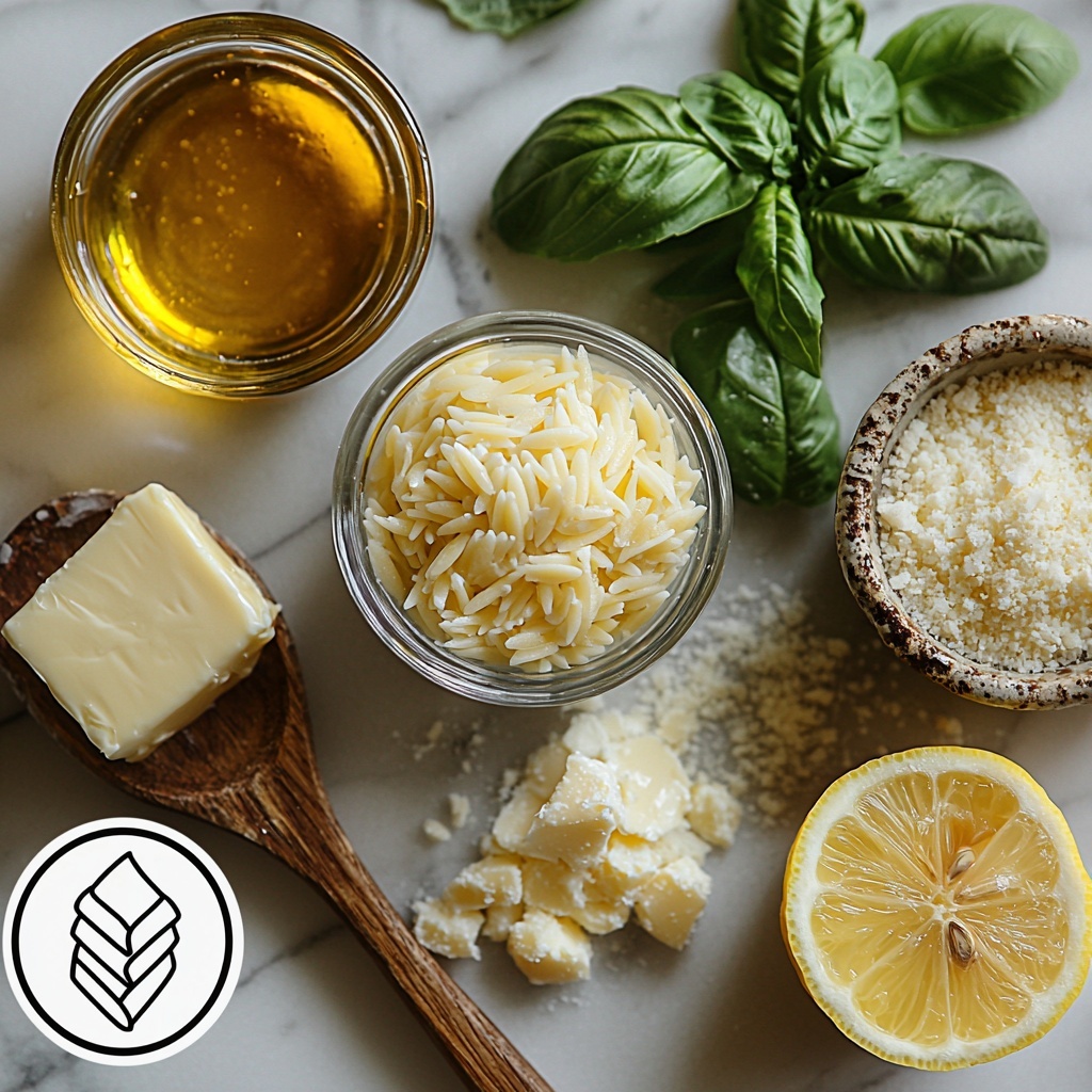A clean white marble surface with arranged ingredients for creamy orzo pasta: a small glass bowl of golden avocado oil glistening under soft light, finely chopped pale purple shallot scattered neatly on a rustic wooden spoon, a small mound of dry, glossy orzo pasta grains with their smooth, rice-like texture, a clear glass measuring cup filled with translucent chicken stock, a square slab of creamy unsalted butter on a vintage butter knife, a small white bowl containing thick, glossy heavy cream, half a bright yellow lemon with finely grated zest and fresh juice droplets visible beside it, a rustic ceramic bowl heaped with finely grated pale yellow parmesan cheese showing its granular texture, and a bunch of vibrant green fresh basil leaves roughly chopped and fanned out to show natural leaf veins. The ingredients are spaced evenly with soft natural daylight casting gentle shadows, styled with minimal props like linen napkin edges and subtle rustic accents to enhance the freshness and invite a warm, home-cooked feeling. Overhead shot, top down view, flat lay photography, professional food styling --ar 1:1 --q 2 --s 750 --v 6.1