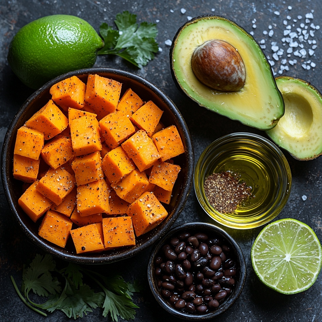sweet potatoes peeled and cubed in a small rustic bowl, vibrant orange cubes contrasted against a clean white surface; black beans glistening and drained, presented in a matte black ceramic bowl nearby; ripe avocado sliced in half showing creamy green flesh and pit, placed next to a halved lime with bright green, juicy texture; small glass bowl with golden olive oil, sprinkled cumin powder in a small dish, salt and pepper grains casually scattered; four warm corn or whole wheat tortillas stacked slightly fanned out with subtle char marks on edges; all ingredients arranged neatly with natural light enhancing textures and vivid colors, soft shadows for depth, minimalistic and clean styling with touches of fresh herbs and rustic wooden utensils for warmth; overhead shot, top down view, flat lay photography, professional food styling --ar 1:1 --q 2 --s 750 --v 6.1