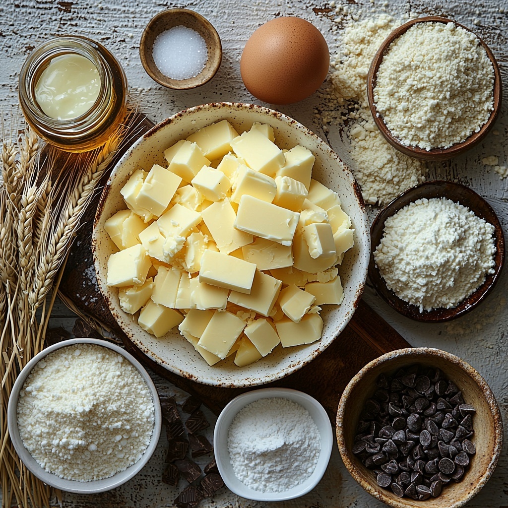 Softened unsalted butter in a small glass bowl with creamy texture, a heap of golden brown sugar beside fluffy white granulated sugar in a small white dish, a single large brown egg resting on a rustic wooden surface, a small glass jar of vanilla extract with amber liquid inside, a neat pile of all-purpose flour with powdery white texture on a white ceramic plate, small white bowl containing fine baking soda powder, a tiny pinch bowl with coarse salt crystals, a rustic white bowl overflowing with semi-sweet dark chocolate chips showing glossy texture, a separate clear bowl of smooth, creamy softened cream cheese, a small spoon holding fine white sugar grains, another tiny bowl with clear vanilla extract, all ingredients carefully spaced and symmetrically arranged on a clean, bright white textured backdrop with subtle natural light casting soft shadows, styled with minimal dried wheat stalks and light linen cloth accents for warmth and a cozy bakery vibe, highlighting contrasting textures and warm, inviting colors — overhead shot, top down view, flat lay photography, professional food styling --ar 1:1 --q 2 --s 750 --v 6.1