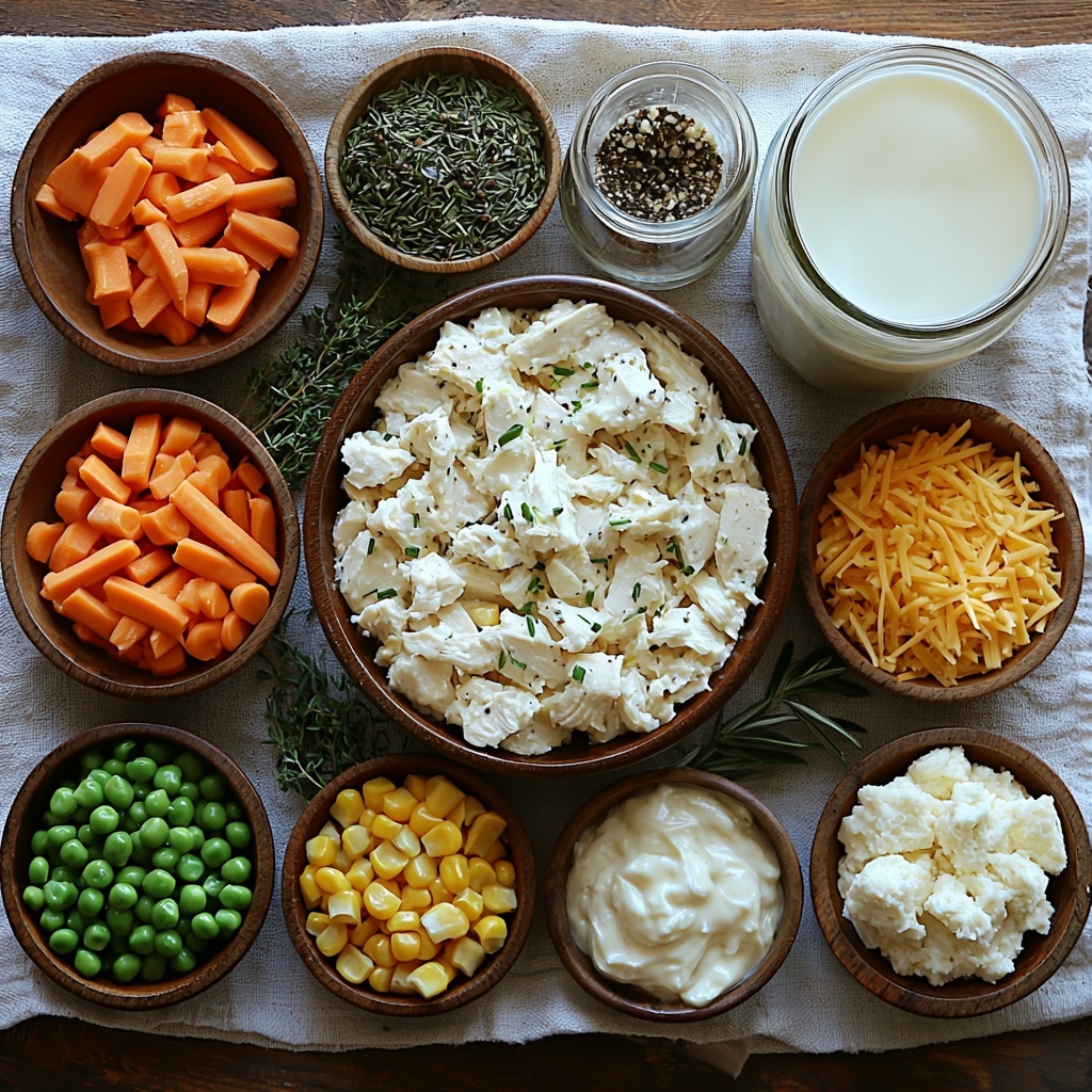 A clean white wooden surface neatly arranged with the main ingredients for a comforting chicken pot pie casserole: shredded cooked chicken piled in a small rustic bowl, vibrant frozen peas and carrots scattered beside bright yellow frozen corn kernels, freshly chopped celery and onion displayed in separate small glass bowls revealing their crisp textures, minced garlic cloves artfully placed on a vintage ceramic spoon. Nearby, a small jar of golden chicken broth next to a glass measuring cup filled with rich, creamy heavy cream. Dried thyme and rosemary sprigs arranged alongside tiny wooden bowls of salt and black peppercorns. A mound of pale biscuit mix on a neutral linen cloth, a small ceramic pitcher of milk next to it, and a small pile of shredded sharp cheddar cheese providing a pop of deep orange color. The ingredients are thoughtfully spaced to showcase their natural colors and textures, enhanced by soft natural light casting gentle shadows, styled with minimal rustic props to evoke a cozy, homemade atmosphere. overhead shot, top down view, flat lay photography, professional food styling --ar 1:1 --q 2 --s 750 --v 6.1