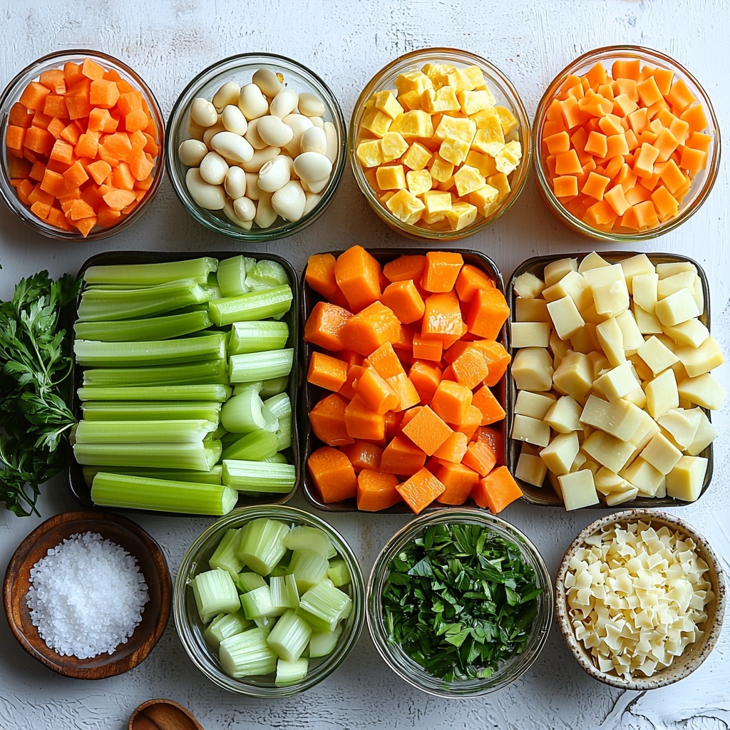 A clean white surface arranged with main ingredients for minestrone soup: a small glass bowl of golden olive oil, a medium chopped onion with translucent white and purple layers, three peeled garlic cloves and minced garlic scattered nearby, two fresh celery ribs chopped into crisp pale green pieces, two peeled and sliced bright orange carrots fanned out, a clear measuring cup filled with rich, dark vegetable broth, an opened can with vibrant red crushed tomatoes spilling slightly, two small bowls containing drained red kidney beans and creamy white beans, a pile of fresh chopped green beans with bright green color, a medium chopped zucchini showing its pale green skin and white flesh, a small vintage bowl with earthy Italian seasoning herbs, a white ceramic spoon holding granulated white sugar, a small heap of uncooked small pasta shapes in beige tones, salt and black peppercorns lightly scattered, and a small ramekin with finely grated off-white parmesan cheese. The ingredients are thoughtfully spaced with natural light casting soft shadows, emphasizing varied textures from smooth beans to rustic chopped vegetables, creating a colorful, inviting arrangement. Styling includes a few fresh herb sprigs and rustic wooden utensils placed casually nearby to add warmth and context. The image is bright, clean, with a harmonious balance of colors and textures. overhead shot, top down view, flat lay photography, professional food styling --ar 1:1 --q 2 --s 750 --v 6.1