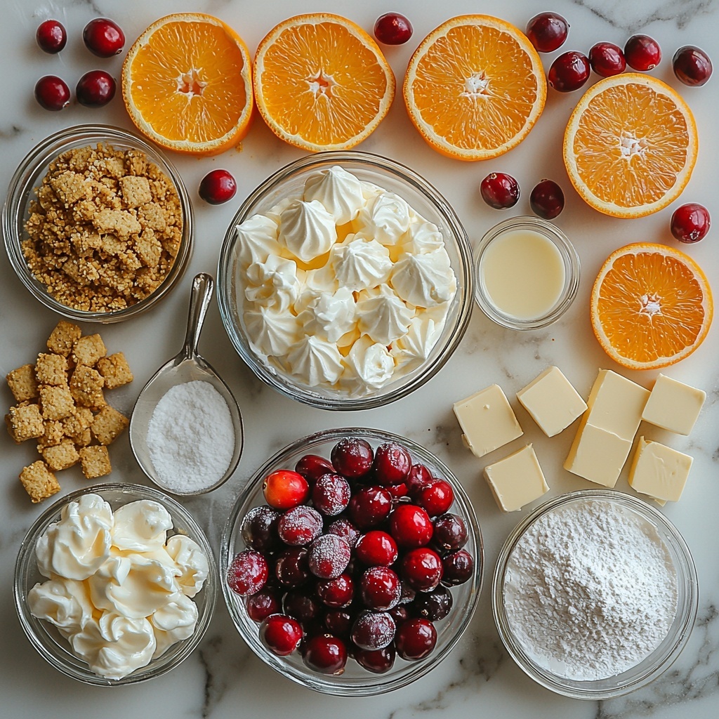 A clean white marble surface with the main ingredients of a no bake cranberry orange cheesecake artfully arranged in a flat lay style: a small bowl of golden graham cracker crumbs next to a few cubes of melted amber-colored unsalted butter in a clear glass dish, a mound of smooth, creamy off-white cream cheese with a silver spoon, a small bowl of fine white sugar, a ramekin of velvety sour cream, a glass measuring cup with bright orange fresh orange juice, fresh orange zest scattered delicately nearby, a bowl of frozen deep red cranberries, a jar of powdered sugar with a small sifter, a small dish of translucent cornstarch powder, two separate bowls containing cold heavy whipping cream with soft peaks, a tiny bowl of vanilla extract with a dark amber hue, and a small glass bowl with sparkling sugared cranberries dusted in fine white sugar. The ingredients are complemented by fresh orange slices with vibrant peel texture and a few fresh cranberries placed loosely around. Soft natural light highlights the varied textures: crumbly, creamy, powdery, juicy, and glossy surfaces. The arrangement is balanced and inviting, with pops of bright orange and deep red contrasting against the neutral creams and whites, styled with clean crisp lines and minimal shadowing to emphasize freshness and purity. Overhead shot, top down view, flat lay photography, professional food styling --ar 1:1 --q 2 --s 750 --v 6.1
