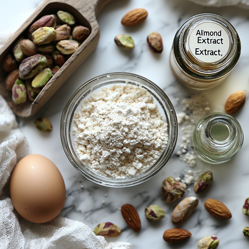 Very fine almond meal in a small clear glass bowl with a soft, powdery texture, next to a rustic wooden scoop filled with shelled unsalted roasted pistachios showcasing their green and tan hues with a slight shine. A fine mesh sieve partially filled with pure white powdered sugar, some gently spilled onto the clean white marble surface beneath. Two small glass bowls containing clear liquid extracts labeled 
