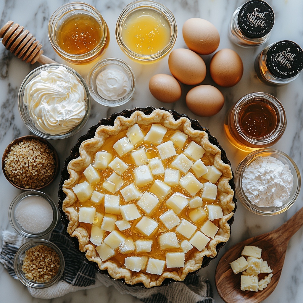 A clean, bright surface featuring the main ingredients for Salted Honey Pie artfully arranged for overhead flat lay photography. Include a chilled pie crust in a deep dish 8-inch pie pan with a golden, flaky texture visible. Nearby, four small glass bowls hold light golden honey, packed light brown sugar with a rich caramel hue and soft texture, sifted white cornstarch with a fine powdery appearance, and flaky sea salt crystals sparkling subtly. A small bowl with lightly beaten large egg yolks displays their vibrant yellow-orange creamy texture. A measuring cup with heavy whipping cream showing its thick, pure white liquid consistency rests beside a small jar of amber-colored honey and a small glass bottle of vanilla extract with a rich amber tint. Arrange the items evenly spaced on the surface with natural soft daylight illuminating the scene, casting gentle shadows for depth. Use rustic props like a wooden spoon and a small whisk in warm tones for added texture and authenticity. The composition balances warm tones of amber, caramel, and golden yellow with the soft whites and light browns, creating an inviting and appetizing visual story. overhead shot, top down view, flat lay photography, professional food styling --ar 1:1 --q 2 --s 750 --v 6.1