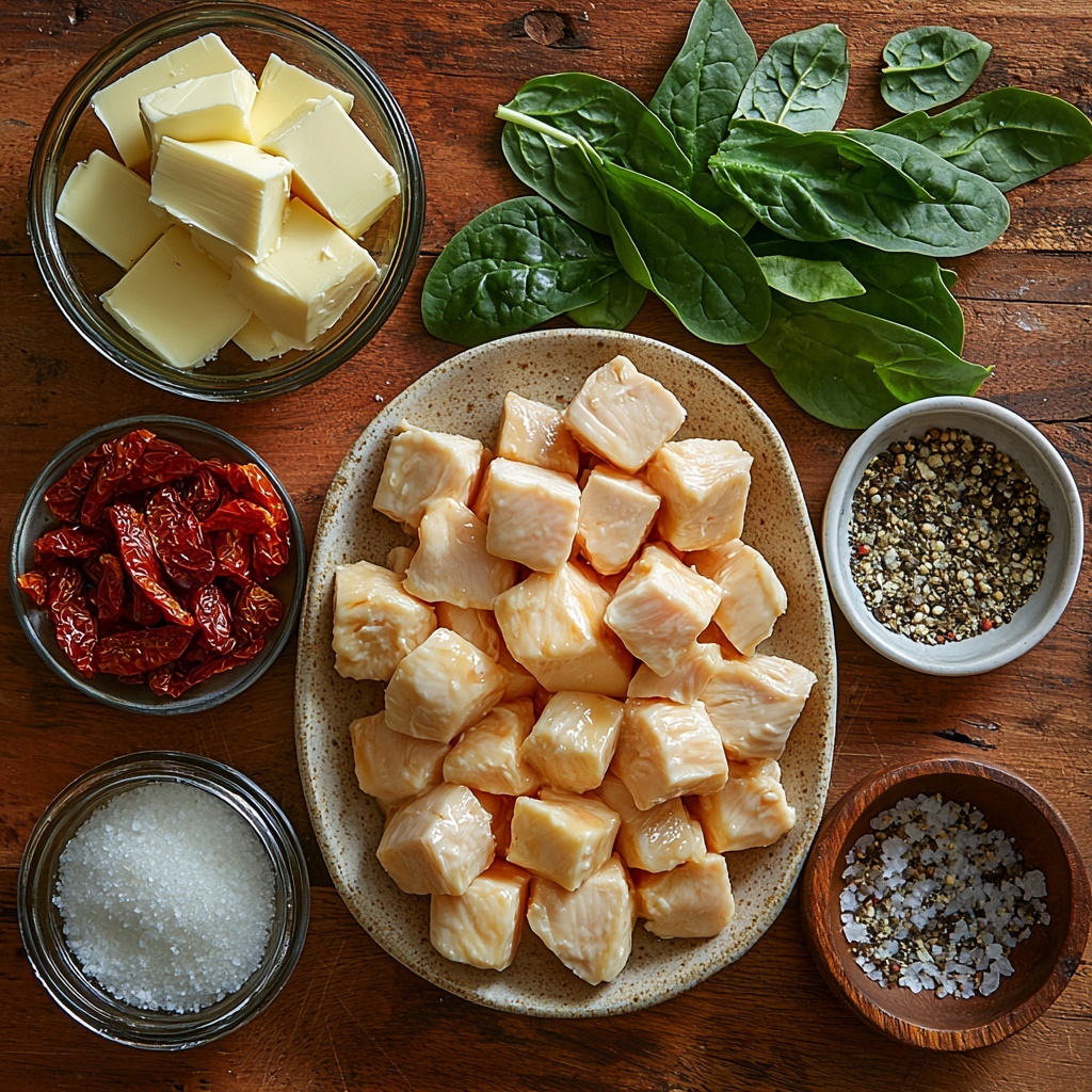 A clean, light wooden surface with all main ingredients for Marry Me Chicken Pasta meticulously arranged in a balanced flat lay: uncooked pasta in a small rustic bowl showcasing its golden yellow texture, next to a small glass dish of glossy butter cubes with smooth edges; finely diced translucent white onion spread in a neat pile; raw chicken breast cubes showing fresh pale pink flesh arranged artfully on a white ceramic plate; a small bowl of coarse sea salt crystals and a tiny dish of cracked black peppercorns; four peeled garlic cloves beside a heap of finely minced garlic displaying their silky texture; a clear glass measuring cup filled with rich, amber chicken broth; a vintage bowl holding thick, creamy heavy cream with a lustrous surface; chopped sundried tomatoes glistening with oil in a small white bowl, their deep red color vibrant; a small spoonful of bright red-orange red pepper flakes; fresh baby spinach leaves, their deep green color bright and slightly ruffled, loosely stacked; a small wooden bowl of finely grated parmesan cheese with a fluffy texture; 5-6 fresh basil leaves with vibrant green color arranged with care; and a tiny container of mixed Italian seasoning speckled with dried herbs. Each ingredient is spaced to create visual interest with natural light casting soft shadows, emphasizing the varied textures and vibrant colors, styled with minimal rustic props and fresh herbs scattered to add organic detail. overhead shot, top down view, flat lay photography, professional food styling --ar 1:1 --q 2 --s 750 --v 6.1