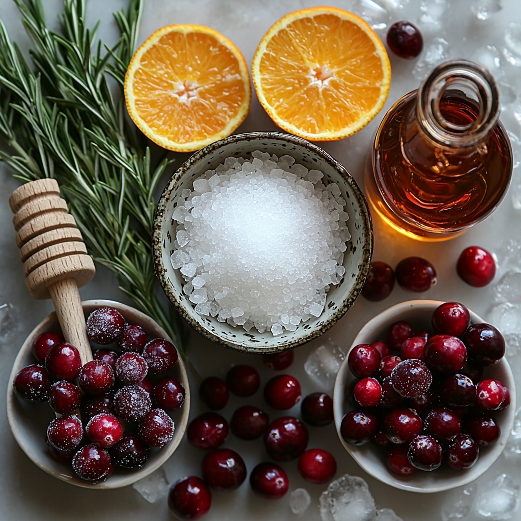 3 tablespoons granulated sugar in a small white ceramic bowl, 2 tablespoons coarse kosher salt in a rustic wooden scoop, 1 1/2 cups clear silver (blanco) tequila in a glass measuring cup with light reflections, 2 cups deep red unsweetened cranberry juice in a clear glass pitcher, 3/4 cup amber Cointreau orange liqueur in a small vintage glass bottle, 1 cup fresh lime juice in a small bright green ceramic bowl, 3/4 cup fresh or frozen cranberries scattered with some frosted sugar crystals, 1/4 cup golden honey or agave nectar in a glass jar with wooden honey dipper, vibrant orange zest strips artfully curled on a white plate, 4 cups clear ice cubes arranged neatly, fresh green rosemary sprigs laid diagonally with needles fanned out, a few sugared cranberries shimmering with sugar crystals sprinkled around. All ingredients arranged on a clean white matte surface with soft natural lighting highlighting textures and vibrant colors, slight shadows for depth, minimalist styling with ample negative space, overhead shot, top down view, flat lay photography, professional food styling --ar 1:1 --q 2 --s 750 --v 6.1