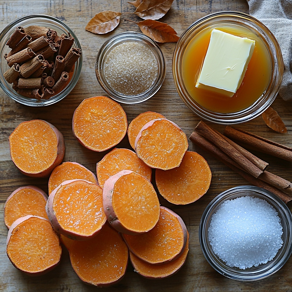 sweet potatoes peeled and sliced into thick rounds with vibrant orange flesh, a small glass bowl of dark brown sugar crystals glistening, a separate bowl of fine white sugar, rustic cinnamon sticks alongside scattered ground cinnamon powder, a small dish with ground nutmeg and ginger powders, a tiny heap of coarse salt, a clear glass bottle of vanilla extract with amber liquid inside, a partially unwrapped stick of creamy butter with a soft texture, and a small bowl of thawed orange juice concentrate showing bright, translucent orange color, all meticulously arranged on a clean, light wooden surface with natural soft daylight casting gentle shadows, textures highlighted to emphasize the rich colors and contrasts, styled with a few autumn leaves and a delicate linen napkin tucked into the corner for warmth and seasonal charm, minimalistic and airy composition, overhead shot, top down view, flat lay photography, professional food styling --ar 1:1 --q 2 --s 750 --v 6.1