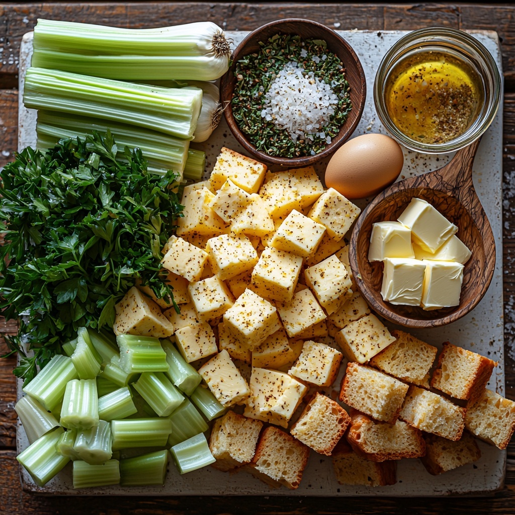 A clean white rustic wooden surface neatly arranged with the main ingredients for Southern Cornbread Dressing: golden yellow homemade cornbread cubes piled artfully next to light tan cubed Italian bread, a partially unwrapped stick of smooth pale unsalted butter, a small bowl of bright green freshly chopped parsley, a wooden spoon resting in a heap of mixed poultry seasoning, sage, thyme, salt, and black pepper with warm earthy tones, a cluster of four fresh celery stalks with vibrant green leaves, a peeled and diced large onion with translucent white and purple layers, three plump garlic cloves with papery white skins and a small pile of minced garlic, two large brown eggs cracked open in a small bowl showing golden yolks, and a measuring cup of clear, light golden chicken stock. The arrangement is spaced evenly with natural soft daylight casting gentle shadows, highlighting textures like the crumbly bread, smooth butter, and crisp vegetables. The composition is styled to feel fresh, inviting, and organized with minimal props to maintain focus on the ingredients. overhead shot, top down view, flat lay photography, professional food styling --ar 1:1 --q 2 --s 750 --v 6.1