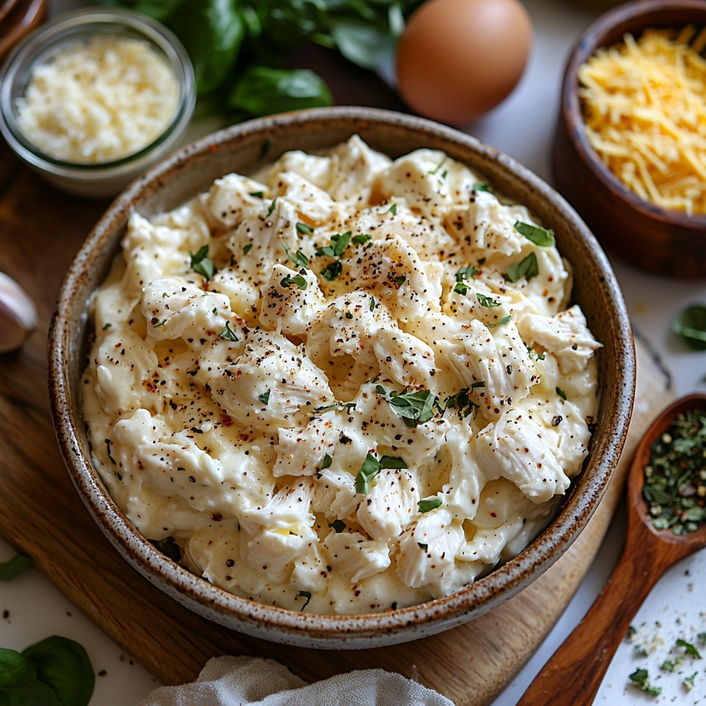 2 cups shredded cooked chicken in a rustic white bowl, creamy off-white Alfredo sauce in a small glass jar with a wooden spoon, a pile of shredded mozzarella cheese with soft, stringy texture on a light wooden board, a smooth, round ball of pale pizza dough resting on a floured linen cloth, a small clear bowl of finely grated Parmesan cheese with a slightly granular texture, vintage ceramic spoons holding golden garlic powder and mixed green Italian seasoning herbs, a glass ramekin with a beaten egg showing bright yellow and glossy texture, all carefully spaced and arranged on a clean white surface with natural soft lighting highlighting the contrasting colors and textures, subtle shadows for depth, minimalistic styling with a touch of rustic charm, small sprigs of fresh Italian herbs scattered lightly for color accent, overhead shot, top down view, flat lay photography, professional food styling --ar 1:1 --q 2 --s 750 --v 6.1