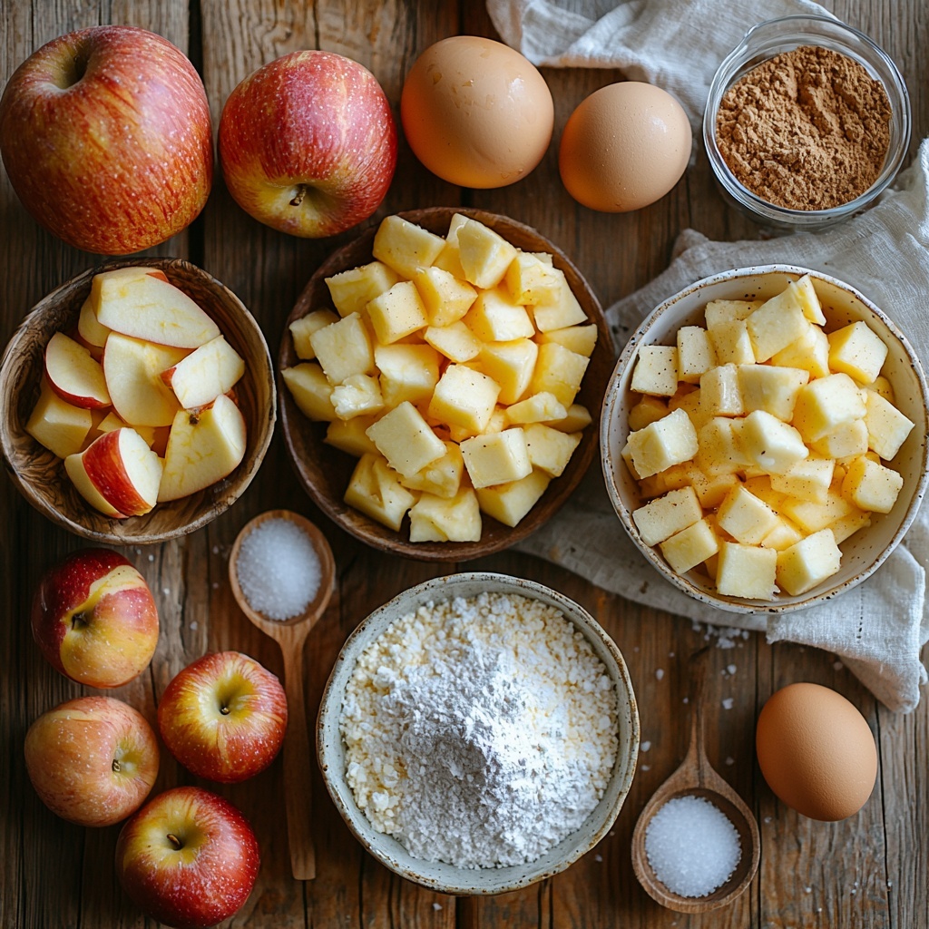 A bright and clean flat lay of all main ingredients for an Easy Apple Fritter Cake arranged artfully on a light wooden surface. Small dice piles of unpeeled sweet-tart apples (Cosmic Crisp or Pink Lady) show crisp red and yellow skin with juicy white flesh textures. Next to them, a small rustic bowl of packed light brown sugar with rich, caramel tones and fine grain texture. A tiny vintage spoon holds warm brown apple pie spice powder, its fine soft texture contrasting with a neat pile of kosher salt crystals nearby. A small pat of creamy unsalted butter rests on a simple white ceramic dish, its smooth surface catching soft light. An opened box of yellow cake mix with vibrant yellow crumbs spilling slightly onto the surface adds a bright, granular texture. Next to it, small glass bowls contain clear water or milk and fresh whole eggs with smooth brown shells. A delicate bowl of powdered sugar presents a soft snowy mound, while a small measuring spoon holds creamy whole milk. The arrangement is clean and balanced with natural light casting gentle shadows, styled with minimal rustic props like neutral linen napkins and wooden spoons to enhance the warm color palette. Overhead shot, top down view, flat lay photography, professional food styling --ar 1:1 --q 2 --s 750 --v 6.1