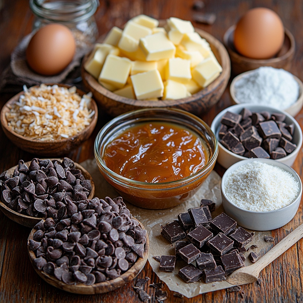 A clean light wooden surface neatly arranged with all the main ingredients for Samoas Cookies: a small glass bowl of glossy golden caramel sauce, a rustic bowl filled with fluffy, toasted shredded coconut with warm brown tones, a heap of glossy dark and milk chocolate chips, a half cup of smooth pale yellow butter slab on parchment paper, a small white bowl of fine granulated sugar, a single fresh brown egg, a small glass jar with amber vanilla extract, a neatly measured pile of off-white all-purpose flour, a tiny spoon with white baking soda powder, and a pinch of fine salt crystals in a small white dish. The ingredients are spaced evenly, with natural soft light highlighting the contrasting textures—shiny caramel, dry coconut flakes, velvety butter, granular sugar, and smooth chocolate chips—styled with minimal props like a wooden spoon and parchment paper to create an inviting and warm atmosphere. Overhead shot, top down view, flat lay photography, professional food styling --ar 1:1 --q 2 --s 750 --v 6.1