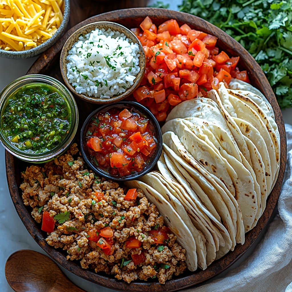 Avocado oil in a small glass jar, raw ground chicken in a rustic bowl, chopped red bell pepper bright and vibrant, finely diced white onion white and translucent, small bowl of finely chopped green jalapeño pepper, rustic spoonfuls of garlic powder, chili powder, kosher salt, and ground cumin in tiny ceramic bowls, a cup of fluffy cooked white rice in a white porcelain bowl, a bowl of green salsa verde with visible herbs and texture, a small dish of deep red chipotle sauce, shredded cheddar cheese bright orange and shredded Monterey Jack cheese creamy white in two separate bowls, four extra large flour tortillas stacked neatly showing soft texture and slight flour dusting on edges, all ingredients arranged neatly on a clean white marble surface with natural light casting soft shadows, vibrant colors and contrasting textures highlighted, minimal props with a linen napkin and a wooden spoon for warmth, styled for a fresh, clean, inviting food preparation setting, overhead shot, top down view, flat lay photography, professional food styling --ar 1:1 --q 2 --s 750 --v 6.1
