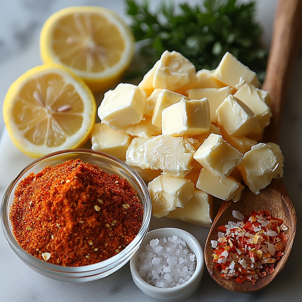 unsalted butter in a small glass bowl, six garlic cloves whole and peeled, finely minced garlic piled on a wooden spoon, a small bowl of vibrant reddish-orange Cajun seasoning, a small heap of deep red smoked paprika powder, crushed red pepper flakes scattered delicately on a white ceramic plate, a pinch of fine onion powder in a tiny white dish, a lemon wedge with bright yellow pulp and textured rind, a small bunch of fresh chopped parsley with bright green leaves, a pinch of coarse sea salt crystals, all ingredients neatly arranged on a light, clean marble surface with natural soft daylight casting gentle shadows, colors vibrant and textures distinct — overhead shot, top down view, flat lay photography, professional food styling --ar 1:1 --q 2 --s 750 --v 6.1