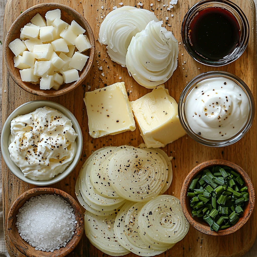 /Imagine prompt: A beautiful flat lay of ingredients for caramelized onion dip arranged neatly on a clean, light wooden surface. Centered are halved and sliced sweet onions showcasing their white and pale yellow layers. Nearby, a small rustic bowl holds rich golden butter. A tiny dish contains coarse brown sugar crystals, next to minced garlic cloves glistening with freshness. A clear glass measuring cup is filled with pale straw-colored dry white wine. A small ceramic bowl holds dark, glossy balsamic vinegar beside a matching bowl with deep brown Worcestershire sauce. Soft, creamy chunks of off-white cream cheese rest on a wooden board. Next to it, two small bowls contain smooth, thick sour cream and mayonnaise, both pristine white. Sprinkled kosher salt crystals and freshly ground black peppercorns are artfully scattered nearby. Bright green chopped fresh chives add a vibrant pop of color. The arrangement emphasizes textures: creamy cheeses, glossy liquids, crystalline salt and sugar, delicate onion layers, and fresh herbs. Natural soft daylight illuminates the scene, casting gentle shadows and enhancing the warm, inviting tones. Overhead shot, top down view, flat lay photography, professional food styling --ar 1:1 --q 2 --s 750 --v 6.1
