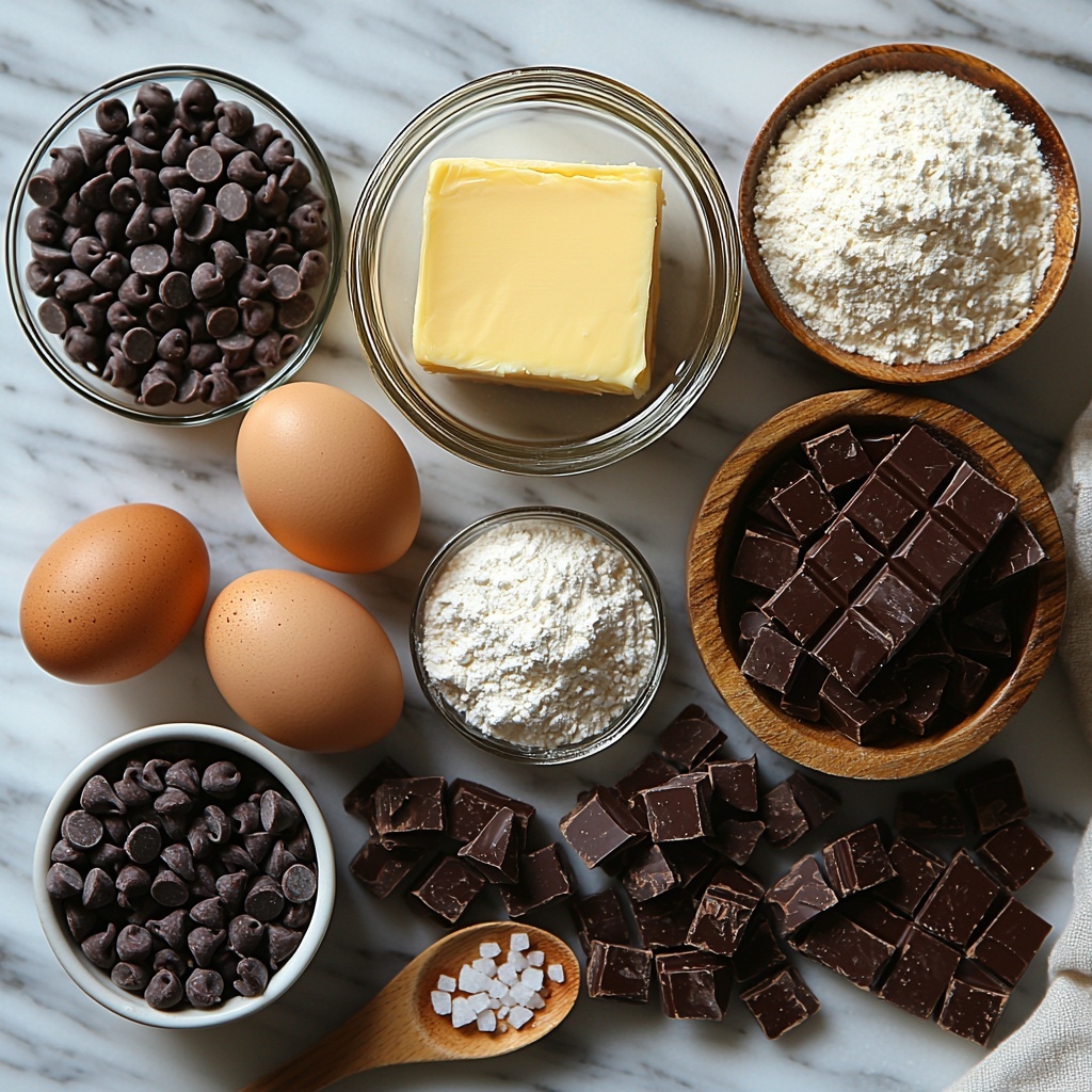 Unsalted butter softened in a small glass bowl, creamy pale yellow with smooth texture; two separate heaps of granulated sugar and light brown sugar, sparkling white crystals and rich golden brown packed grains; two large brown eggs with smooth shells; a small glass measuring cup of translucent vanilla extract, amber liquid catching light; a wooden bowl filled with all-purpose flour, soft and powdery white with gentle clumps; a small ceramic dish containing fine white baking soda powder; a tiny heap of salt crystals on a clean white ceramic spoon; scattered standard size chocolate chips, glossy dark brown, arranged neatly; miniature chocolate chips and melted chocolate in a small white ramekin, rich and shiny; chocolate-covered candies or chocolate drops, glossy and rounded, dark and milk chocolate tones. Ingredients are artfully arranged in a semi-circle and line on a clean, bright white marble surface with subtle natural veins, soft natural daylight casting gentle shadows, styled with minimalistic farmhouse props like a wooden spoon and linen cloth folded gently nearby, emphasizing textures and colors, creating an inviting and warm baking atmosphere. overhead shot, top down view, flat lay photography, professional food styling --ar 1:1 --q 2 --s 750 --v 6.1