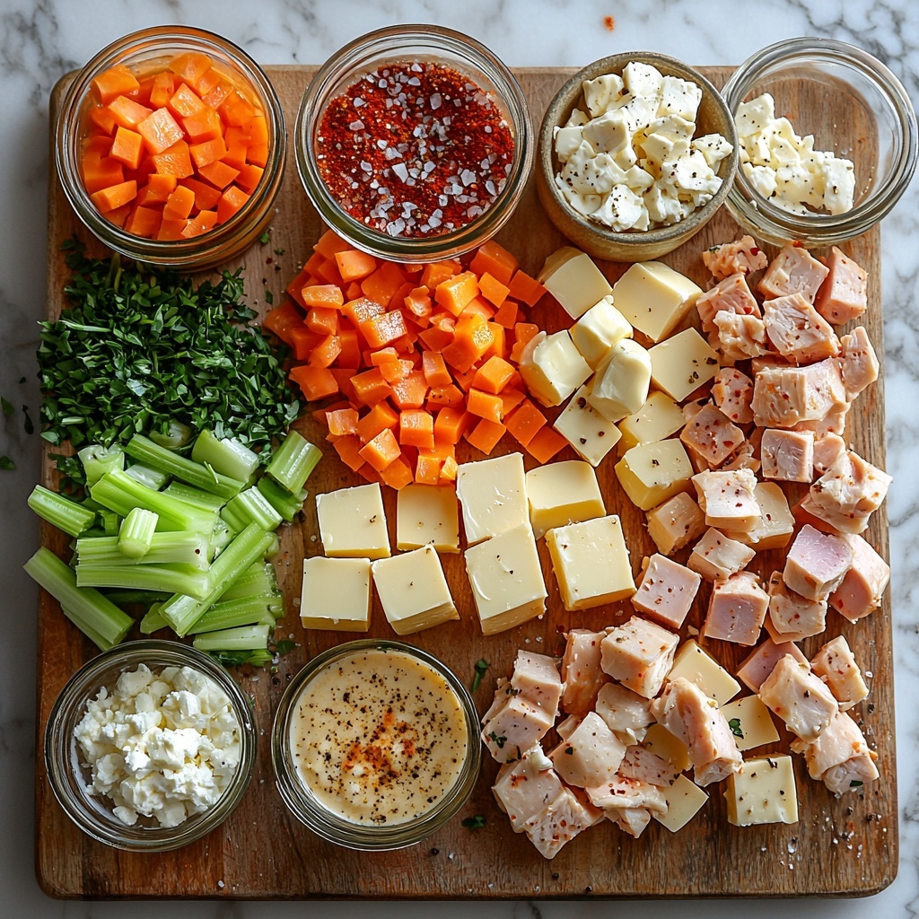 A clean white marble surface with all main ingredients for Chicken Cordon Bleu Soup carefully arranged in a balanced flat lay composition: a small glass bowl of golden melted unsalted butter, a cluster of vibrant diced yellow onion, bright orange diced carrots, and fresh light green diced celery placed side by side; a small ceramic dish filled with finely minced garlic next to rustic piles of paprika (deep red powder), salt crystals, and cracked black peppercorns; a large clear measuring cup of rich golden chicken broth, a glass pint jar of creamy off-white heavy cream, and a small bowl of smooth pale yellow dijon mustard; a wooden board displaying tender cooked chicken chunks and pink cubed ham; a block of soft cream cheese cut into cubes showing its creamy texture; a small mound of shredded Swiss cheese, scattered homemade golden brown croutons with a crunchy texture placed nearby; natural soft daylight illuminating the scene with subtle shadows, emphasizing the varied textures and warm color palette, minimalistic styling with a rustic touch, overhead shot, top down view, flat lay photography, professional food styling --ar 1:1 --q 2 --s 750 --v 6.1