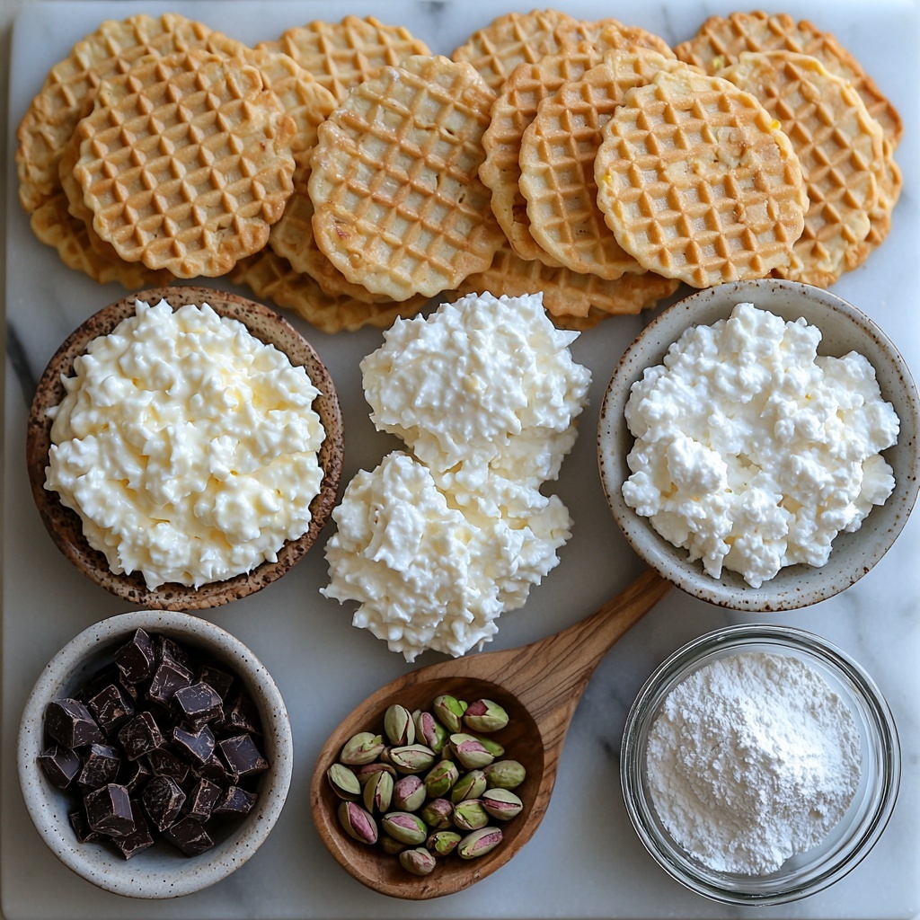 A clean white marble surface with all main ingredients for chocolate cannoli pizzelle sandwiches neatly arranged: twelve golden, crisp pizzelle cookies in a loose stack showing their delicate waffle pattern; a small rustic ceramic bowl filled with smooth, creamy white ricotta cheese next to another bowl of velvety mascarpone cheese; a small glass bowl with fine white powdered sugar beside a wooden spoon dusted lightly with powdered sugar; a small clear dish of tiny dark mini chocolate chips contrasting with vibrant green chopped pistachios in a separate bowl; fresh bright orange zest curled artistically on a small white plate; all items spaced evenly with soft natural light creating gentle shadows, highlighting the contrasting textures from crunchy pizzelle to creamy cheeses, the sparkle of sugar, and the fresh pistachios’ roughness, styled with minimal props like linen napkins and simple utensils for an elegant yet inviting feel — overhead shot, top down view, flat lay photography, professional food styling --ar 1:1 --q 2 --s 750 --v 6.1