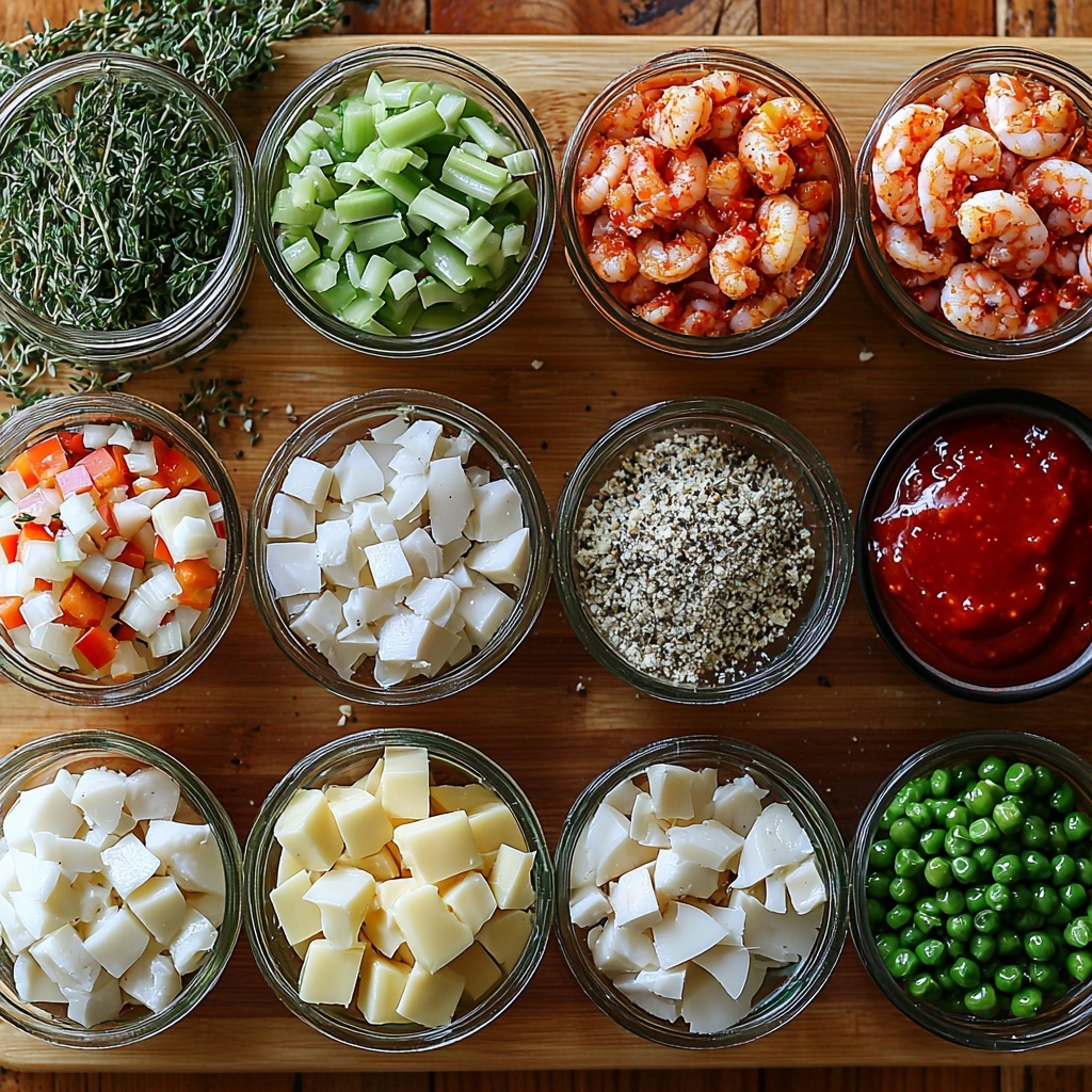 2 tablespoons golden butter in a small glass bowl, diced small onion with translucent white and light purple layers, two cloves of fresh garlic roughly minced showing creamy white texture, one celery stalk vibrant green chopped into small pieces, diced red and green bell pepper with bright glossy surfaces, small piles of warm-toned Cajun seasoning, paprika, thyme sprigs, black peppercorns, and fine salt grains artistically scattered, a mound of pale all-purpose flour with soft powdery texture, a clear glass measuring cup filled with light amber seafood stock or chicken broth, a small jar of thick off-white heavy cream, frozen green peas with frosted surfaces in a white ceramic bowl, fresh pink peeled and chopped shrimp arranged neatly, flaky white crab meat displayed beside shrimp, a small dish with deep red hot sauce for contrast, all ingredients arranged carefully on a clean, light-colored wooden surface with subtle natural grain, warm, natural lighting highlighting the vibrant colors and textures, soft shadows creating depth, delicate styling with herbs and cooking utensils subtly placed around for an inviting, professional culinary presentation, overhead shot, top down view, flat lay photography, professional food styling --ar 1:1 --q 2 --s 750 --v 6.1