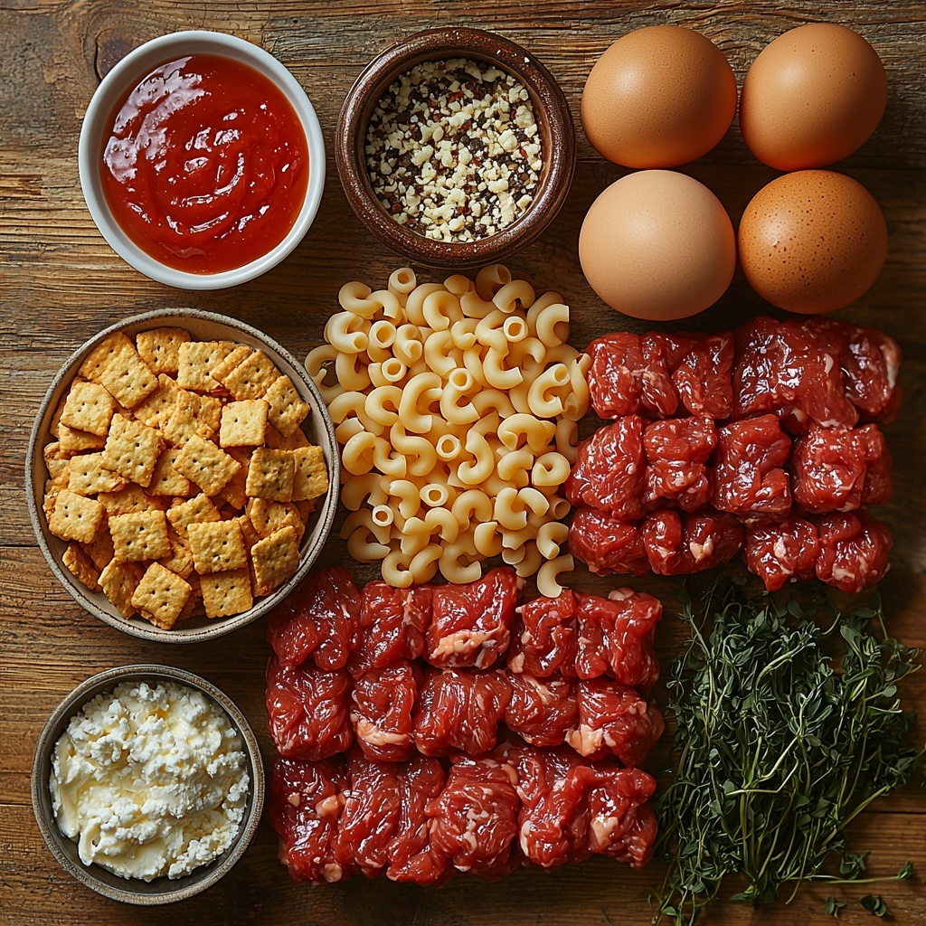 A clean, light wooden surface with all main ingredients neatly arranged in an aesthetically pleasing flat lay: a small white bowl of bright red ketchup and another bowl of rich, glossy dark reddish-brown Sweet Baby Ray’s Hickory & Brown Sugar barbecue sauce side by side; a rustic ceramic bowl filled with raw, coiled pale yellow macaroni noodles; a mound of finely crushed golden Ritz crackers scattered next to a small packet or pile of golden-brown Lipton onion soup mix powder; two large brown eggs resting gently on the surface; a small glass measuring cup filled with creamy white milk; a retro-style can of condensed cheddar cheese soup opened with visible creamy, cheesy texture; a generous heap of shredded mozzarella and cheddar cheese blend showing soft, snowy white and vibrant orange shreds; a raw portion of deep red, marbled lean ground beef shaped loosely on unpolished parchment paper; a small white dish containing mixed seasonings – salt (white), black pepper (small dark granules), garlic powder and onion powder (both pale beige fine powders). The ingredients are spaced with intentional negative space, natural daylight casting soft shadows, emphasizing varied textures from creamy and smooth to crumbly and shredded. The color palette balances warm yellows, reds, and earth tones, styled simply for a fresh, approachable look. Overhead shot, top down view, flat lay photography, professional food styling --ar 1:1 --q 2 --s 750 --v 6.1