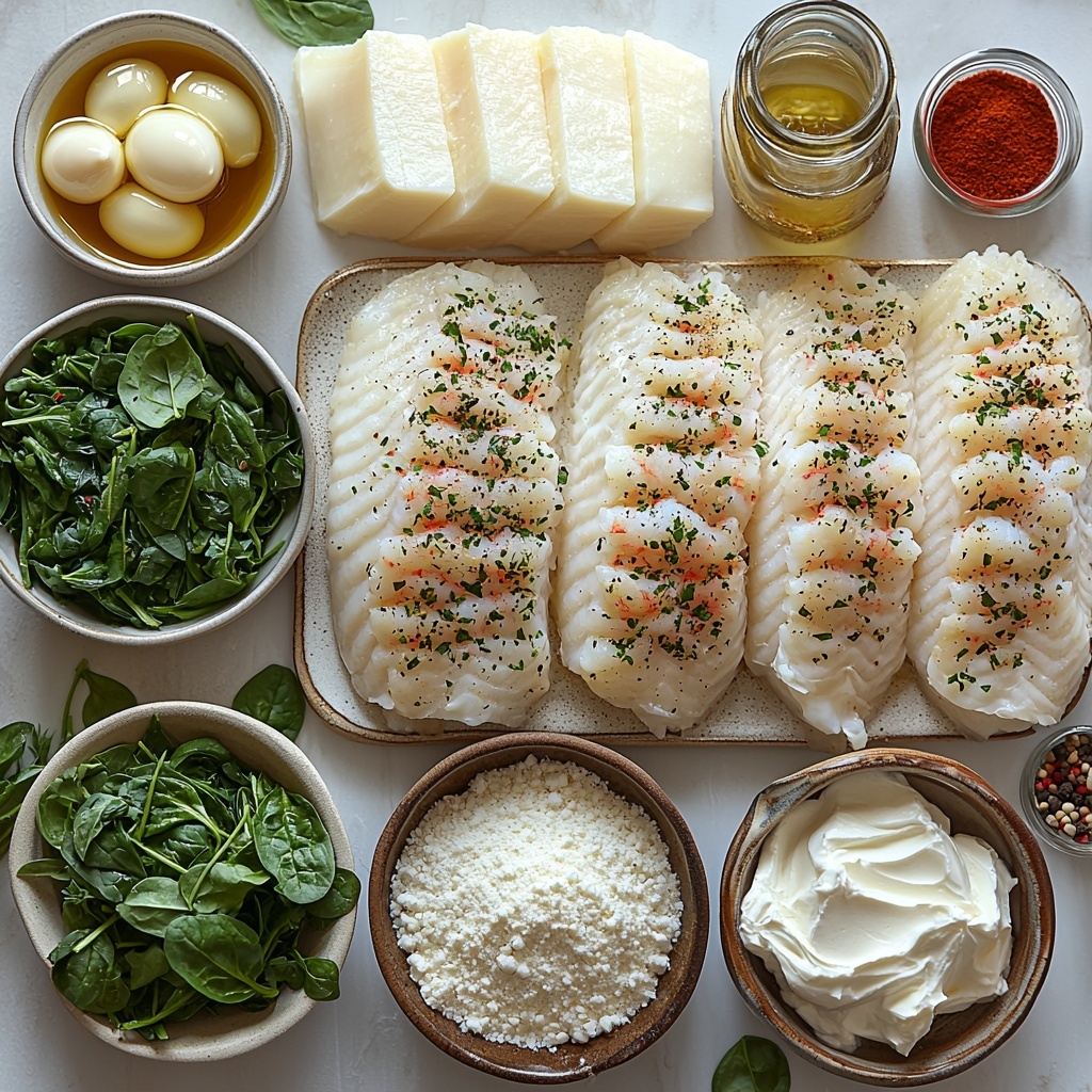 a clean white or light wooden surface neatly arranged with the main ingredients for stuffed catfish: four large skinless catfish fillets laid flat with one slightly folded to show the stuffing; a small white bowl filled with sautéed, deep green cooked spinach; a bowl of peeled, chopped pinkish-white Gulf or jumbo shrimp; a heap of shredded mozzarella cheese showing soft, stringy white textures; a small dollop of creamy, smooth off-white cream cheese on a rustic ceramic plate; a small ramekin of pale beige all-purpose flour fine and powdery; a shallow bowl containing two bright yellow beaten eggs with a glossy surface; a bowl of golden crispy panko breadcrumbs mixed with fresh bright green chopped parsley flakes; small white dishes holding warm reddish-brown smoked paprika, off-white garlic powder, and coarse salt and black pepper grains; an elegant glass bottle or small pourer of rich, golden olive oil catching light; toothpicks artistically scattered nearby; the overall composition balanced with natural lighting highlighting textures—the flaky fish, creamy cheeses, vibrant herbs, and fine powders—with soft shadows for depth, styled minimalist and inviting, overhead shot, top down view, flat lay photography, professional food styling --ar 1:1 --q 2 --s 750 --v 6.1