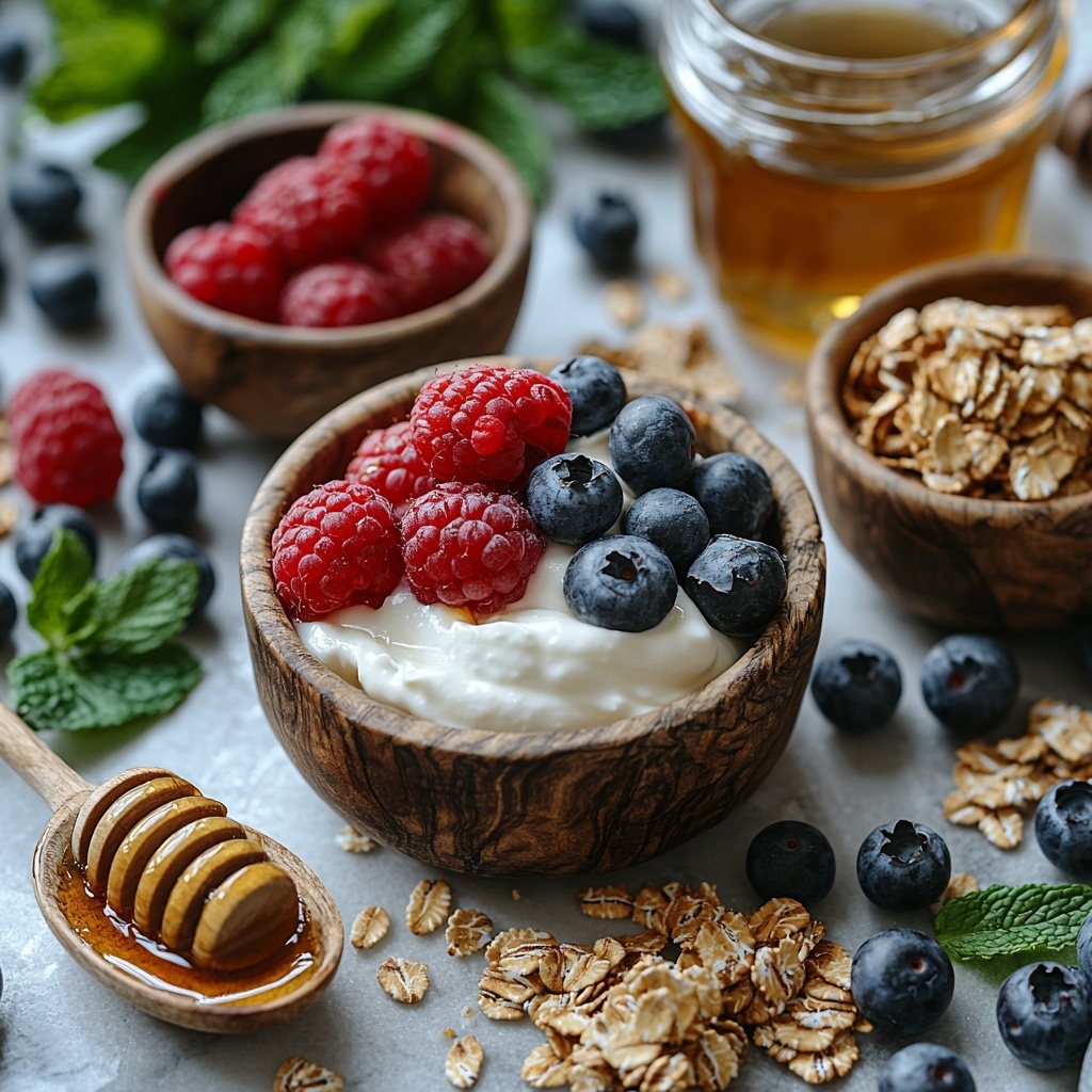 A clean white marble surface arranged with small rustic bowls and wooden spoons containing the ingredients for a Greek yogurt parfait: a small bowl of thick, creamy plain Greek yogurt with a smooth texture, a handful of vibrant mixed berries including deep red raspberries and dark blue blueberries, a clear glass jar filled with golden, crunchy homemade granola clusters highlighting oats and nuts, a small dish of amber honey with a wooden honey dipper resting beside it, and a drizzle of honey artistically placed on a natural linen napkin. Freshness emphasized by scattered loose berries and granola crumbs around the bowls, soft natural lighting casting gentle shadows, subtle pops of green from fresh mint leaves for contrast, minimalistic and airy styling with emphasis on textures and vivid colors. overhead shot, top down view, flat lay photography, professional food styling --ar 1:1 --q 2 --s 750 --v 6.1