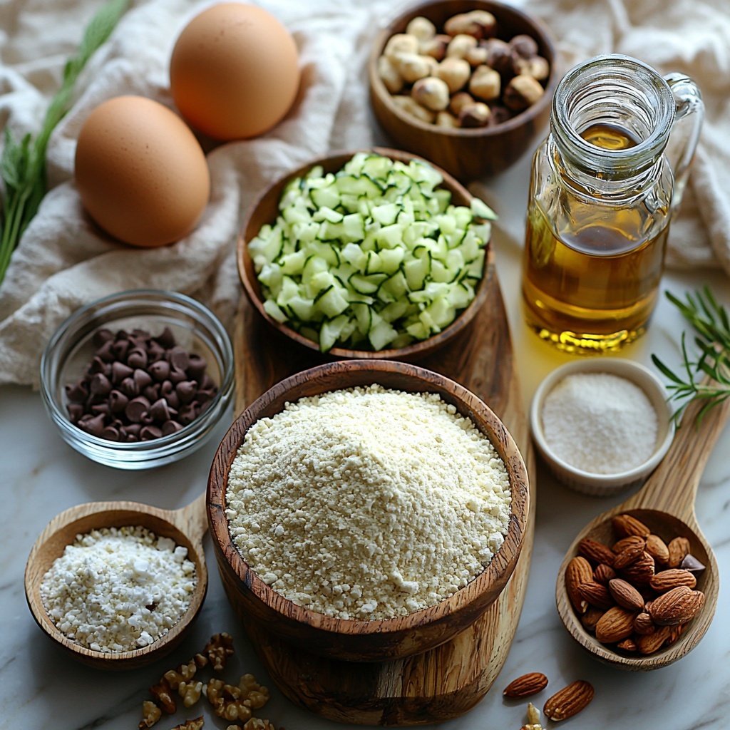 gluten-free all-purpose flour in a rustic bowl with a dusting of flour around it, a small mound of grated green zucchini on a wooden board, clear glass bowls containing golden granulated sugar and rich brown sugar side by side, two large brown eggs resting nearby on a natural linen cloth, a small glass pitcher filled with light golden vegetable oil, a small amber bottle of vanilla extract with a vintage label, white porcelain spoons neatly holding baking powder, baking soda, salt, ground cinnamon and a small heap of warm brown nutmeg, a small bowl filled with glossy dark chocolate chips and another with chopped mixed nuts adding texture, ingredients arranged thoughtfully on a clean white marble surface with soft natural light highlighting the varied textures and warm earthy tones, minimal shadows, styled with sprigs of fresh mint and a wooden spoon casually placed to evoke a cozy kitchen vibe, overhead shot, top down view, flat lay photography, professional food styling --ar 1:1 --q 2 --s 750 --v 6.1