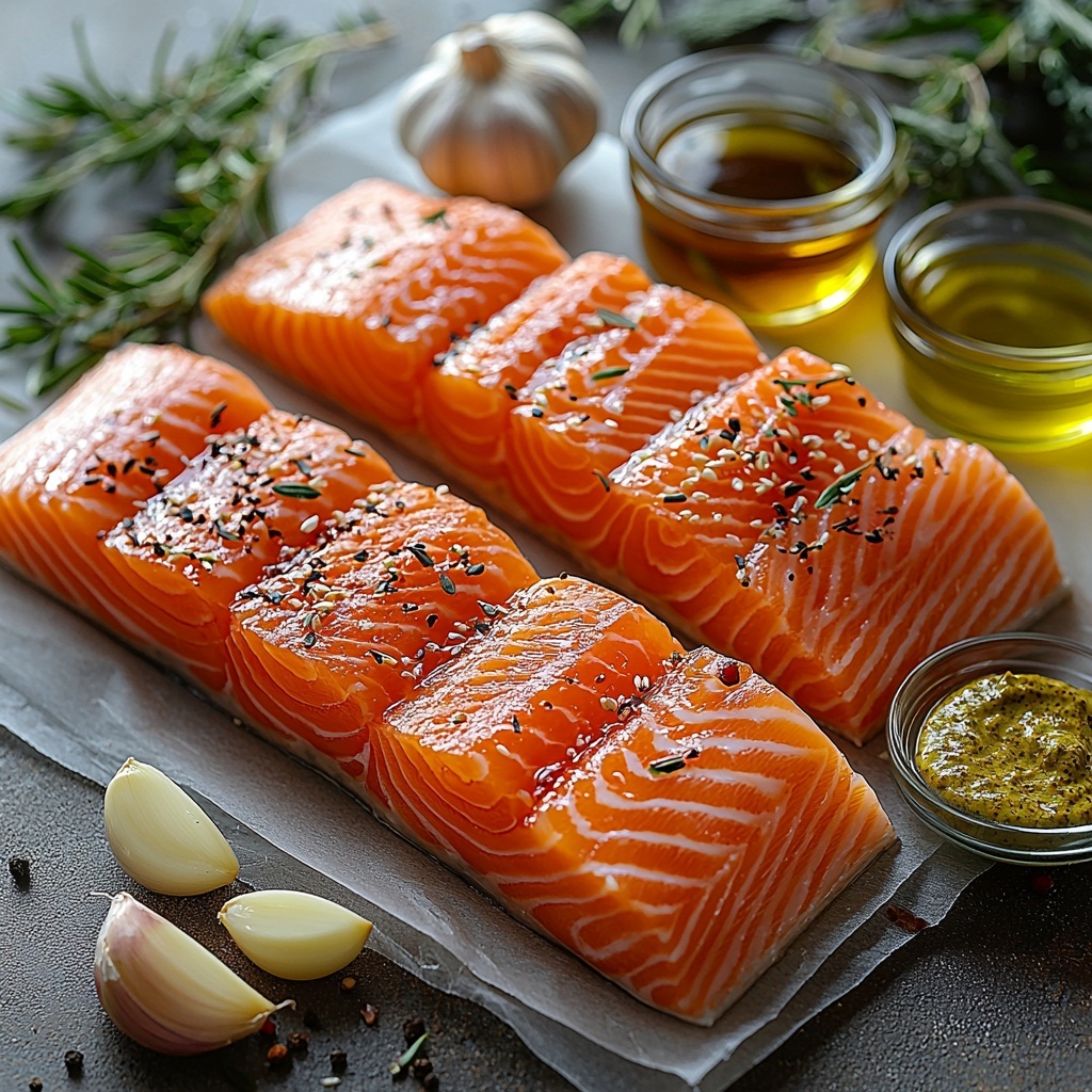 4 fresh salmon fillets with vibrant pink-orange flesh and shiny skin, arranged neatly in a row on a clean white surface; a small clear bowl filled with amber golden honey, next to another small bowl containing dark, glossy low sodium soy sauce; a tablespoon of rich, green-golden olive oil in a glass measuring spoon; a small dish with smooth, pale yellow Dijon mustard; two garlic cloves, peeled and minced, with delicate white and slightly textured pieces scattered nearby; fresh sprigs of herbs subtly placed for a pop of green; soft natural lighting highlighting glossy, moist textures of salmon and shiny surfaces of the bowls; minimal shadows with clean, modern styling emphasizing the fresh colors and textures of each ingredient, styled with light linen napkin and simple kitchen tools for an inviting, artisanal feel — overhead shot, top down view, flat lay photography, professional food styling --ar 1:1 --q 2 --s 750 --v 6.1